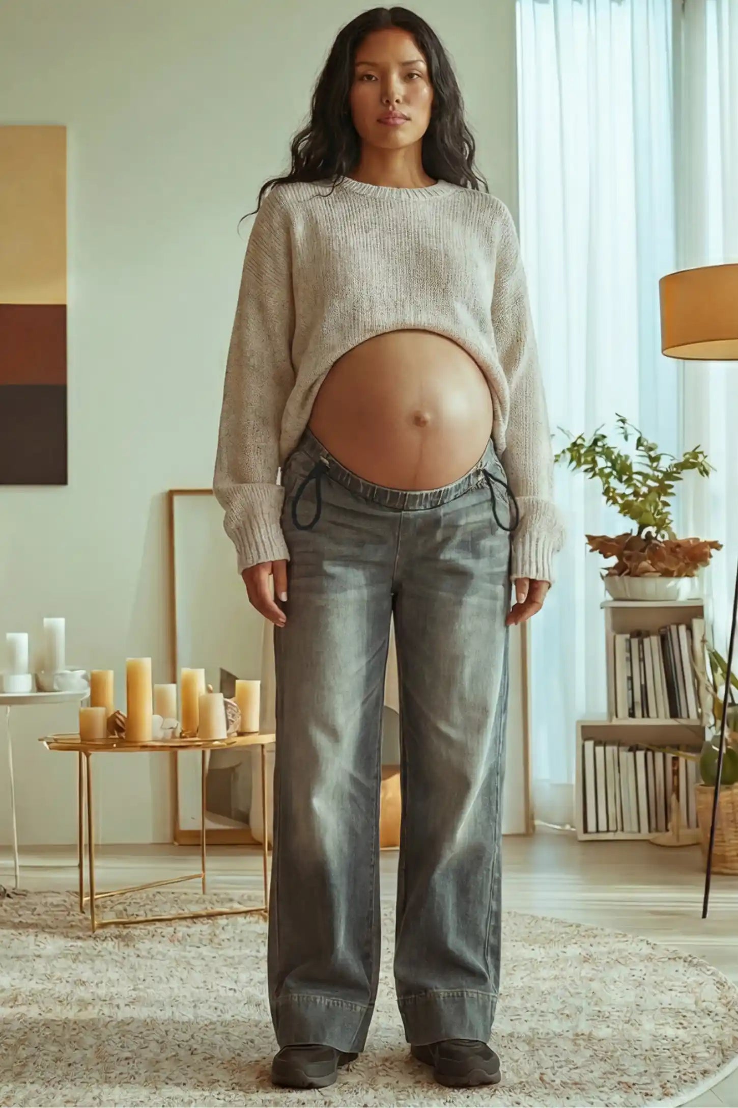 Drawstring Wide-Leg Maternity Jeans Drawstring Wide-Leg Maternity Jeans in cement gray featuring adjustable waist and relaxed full-length silhouette on pregnant model front view.