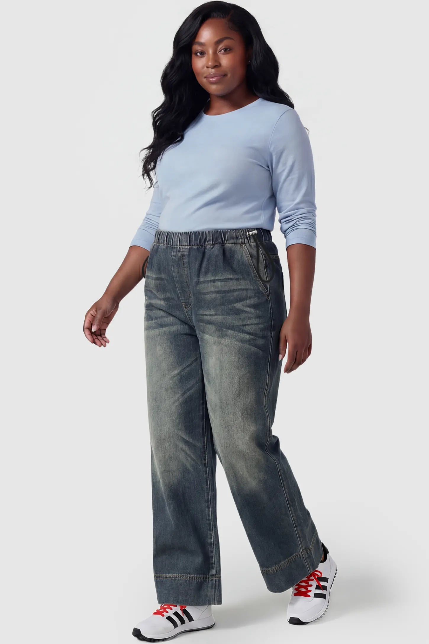 Drawstring Wide-Leg Maternity Jeans Drawstring Wide-Leg Maternity Jeans in cement gray featuring adjustable waist and relaxed full-length silhouette on plus size pregnant model front view.