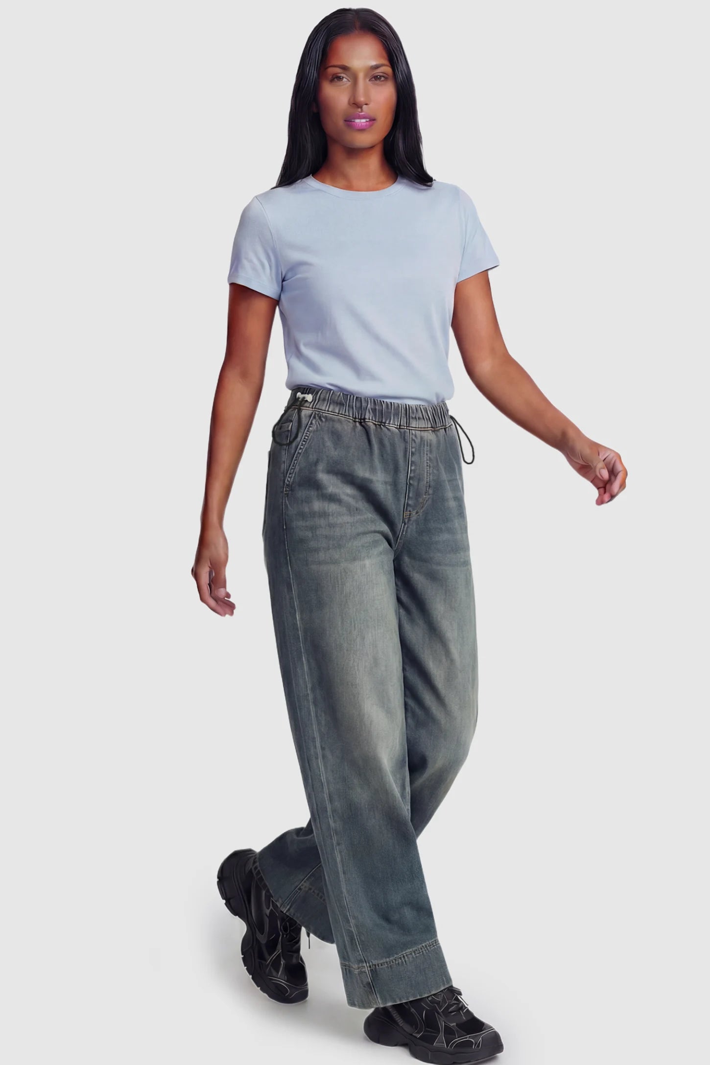 Drawstring Wide-Leg Maternity Jeans Drawstring Wide-Leg Maternity Jeans in cement gray featuring adjustable waist and relaxed full-length silhouette on non pregnant model front view.
