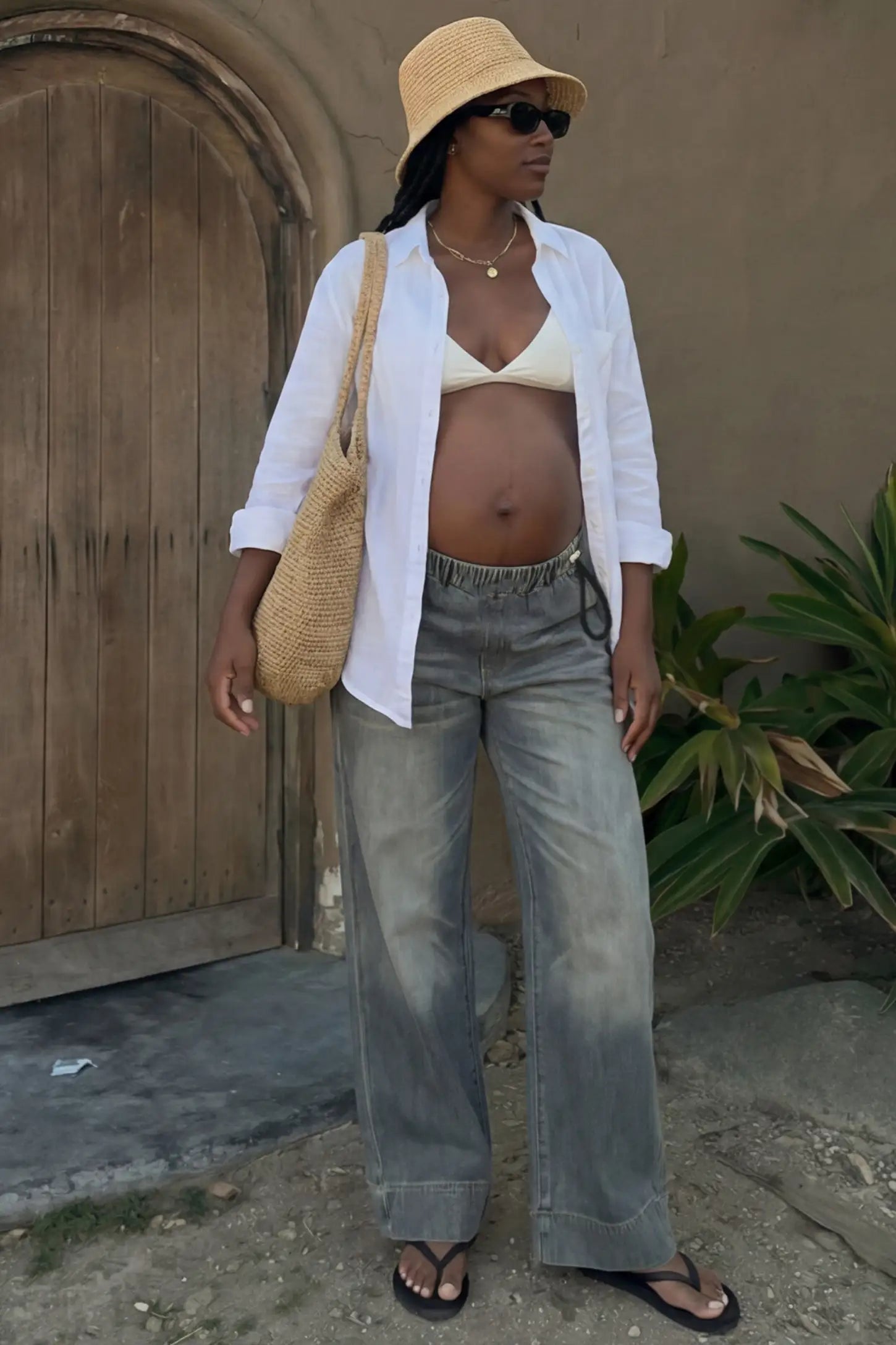 Drawstring Wide-Leg Maternity Jeans Drawstring Wide-Leg Maternity Jeans in cement gray featuring adjustable waist and relaxed full-length silhouette on pregnant model front view.