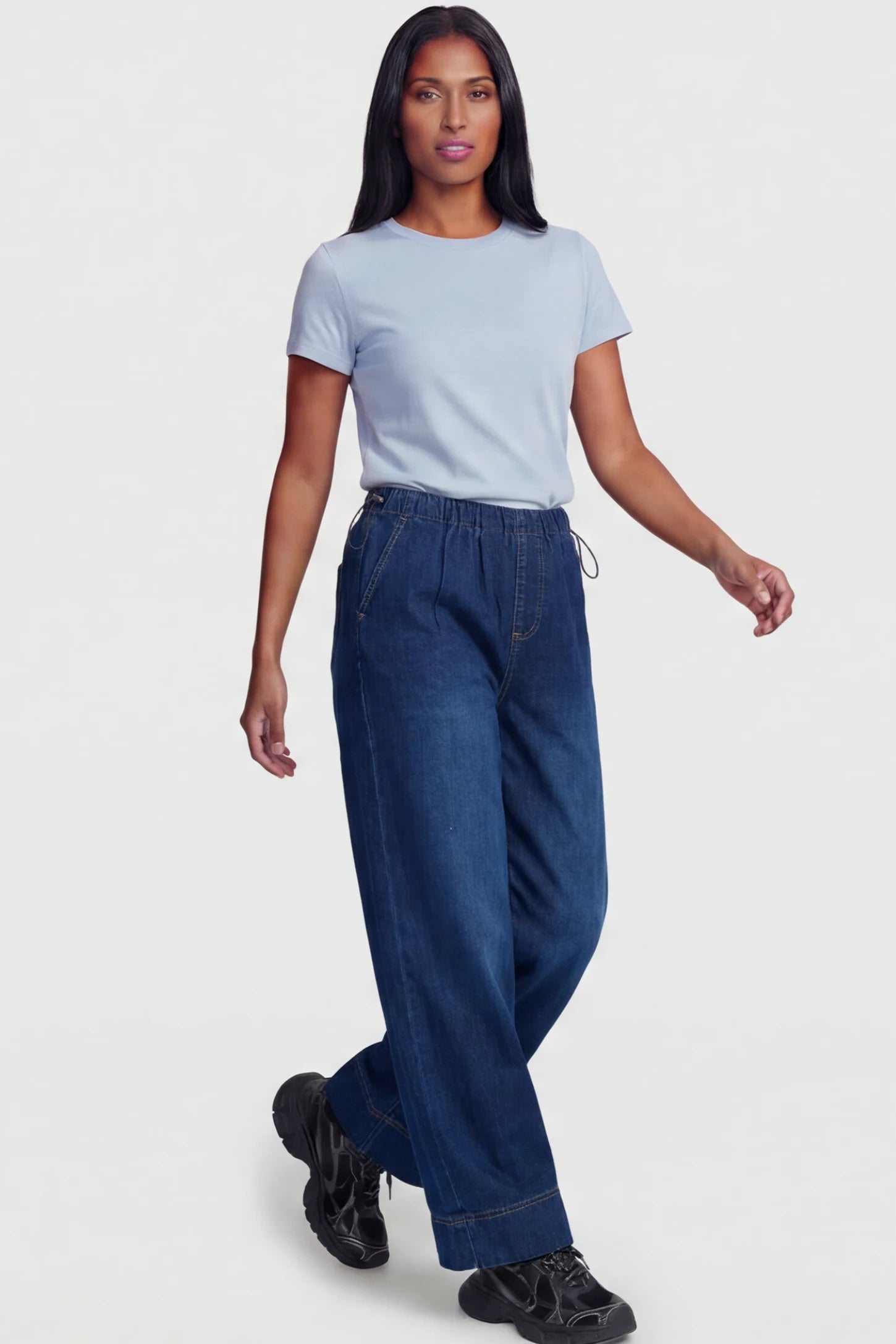 Drawstring Wide-Leg Maternity Jeans Drawstring Wide-Leg Maternity Jeans in dark blue featuring adjustable waist and relaxed full-length silhouette on non pregnant model front view.