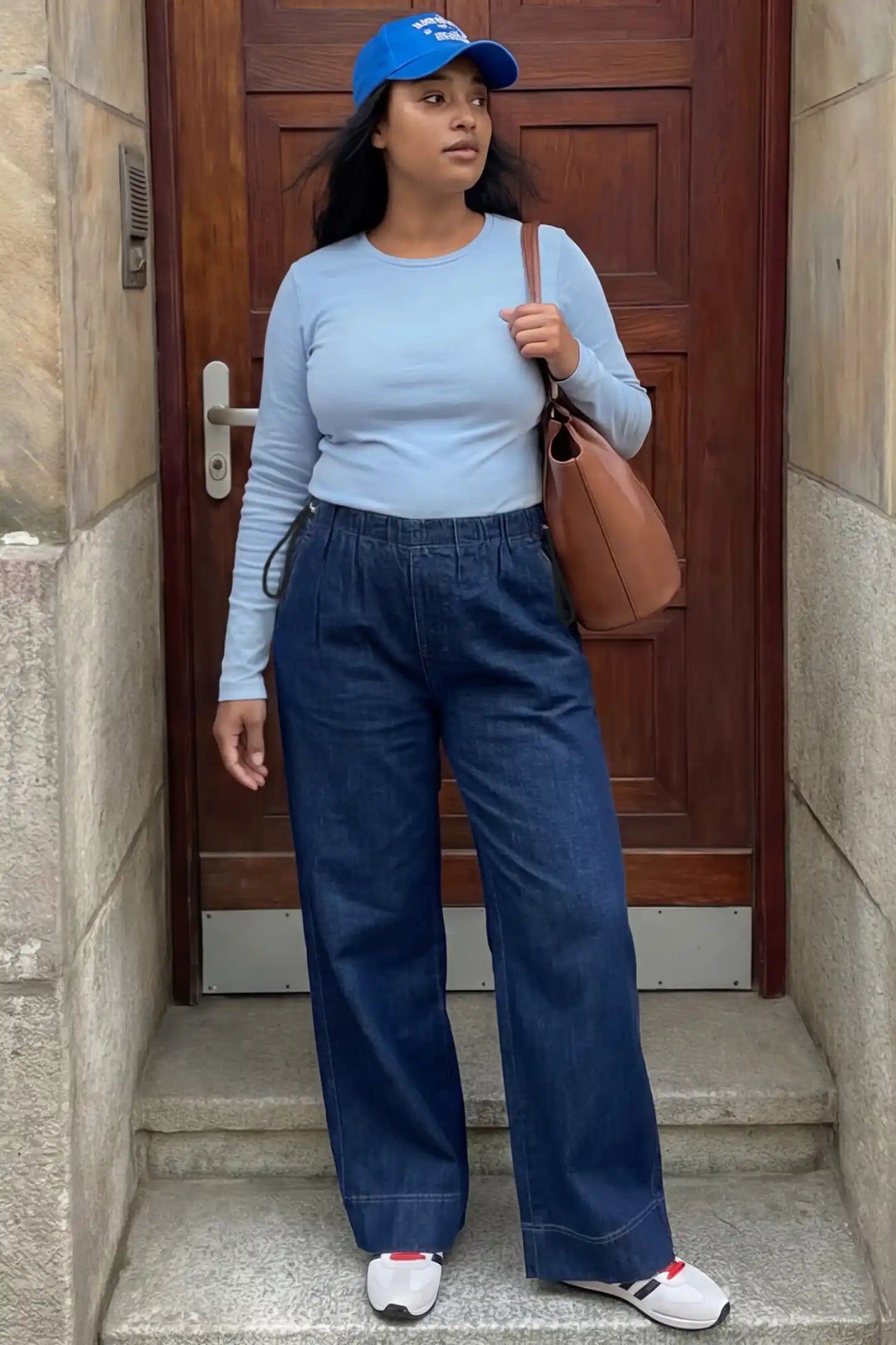 Drawstring Wide-Leg Maternity Jeans Drawstring Wide-Leg Maternity Jeans in dark blue featuring adjustable waist and relaxed full-length silhouette on pregnant model front view.