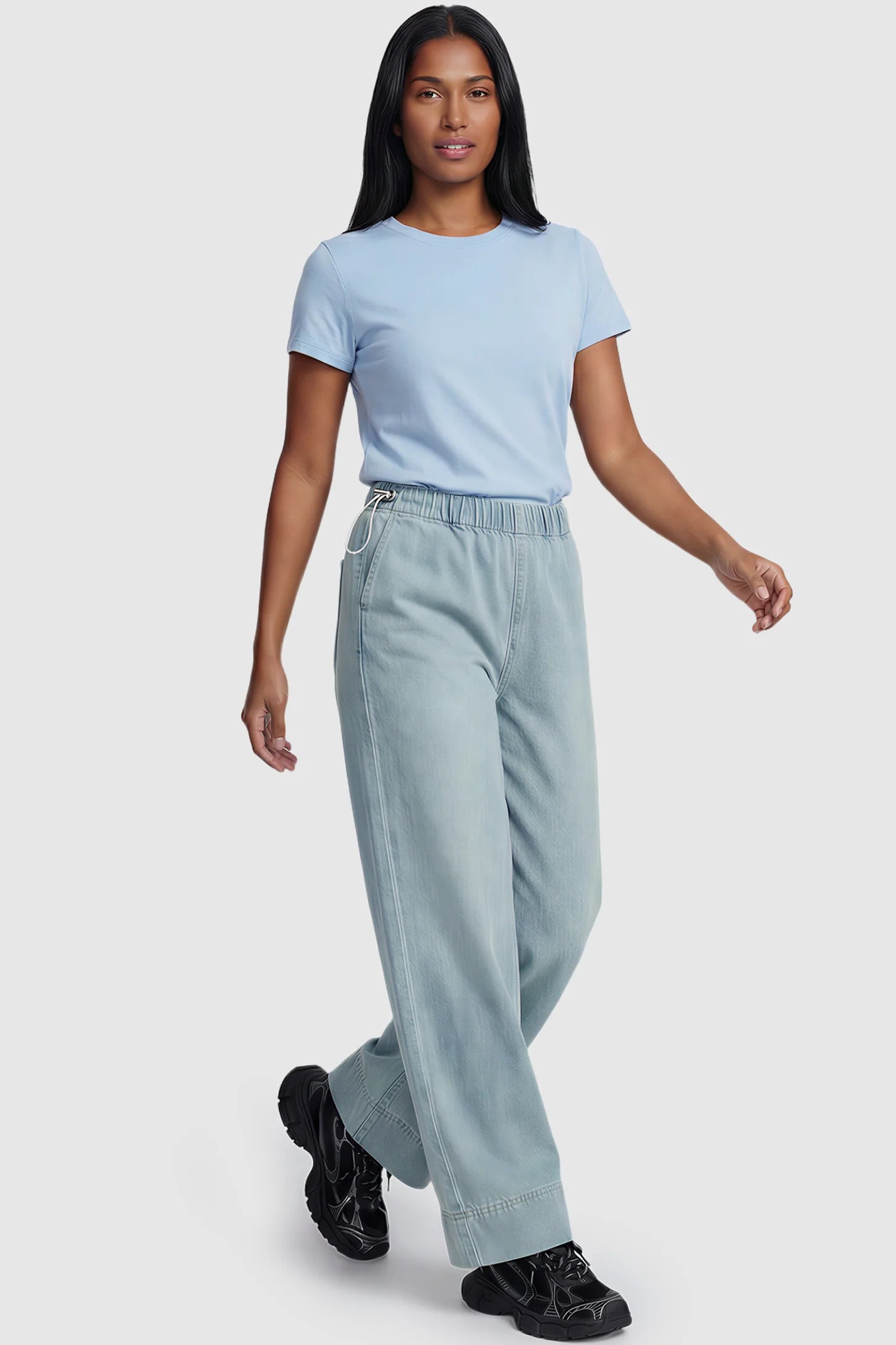 Drawstring Wide-Leg Maternity Jeans Drawstring Wide-Leg Maternity Jeans in light blue featuring adjustable waist and relaxed full-length silhouette on non  pregnant model front view.