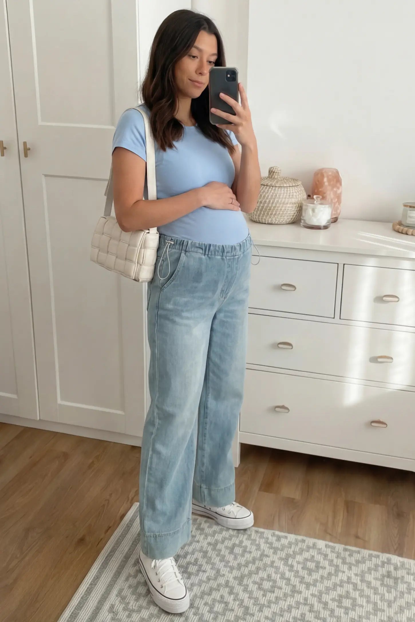 Drawstring Wide-Leg Maternity Jeans Drawstring Wide-Leg Maternity Jeans in light blue featuring adjustable waist and relaxed full-length silhouette on pregnant model front view.