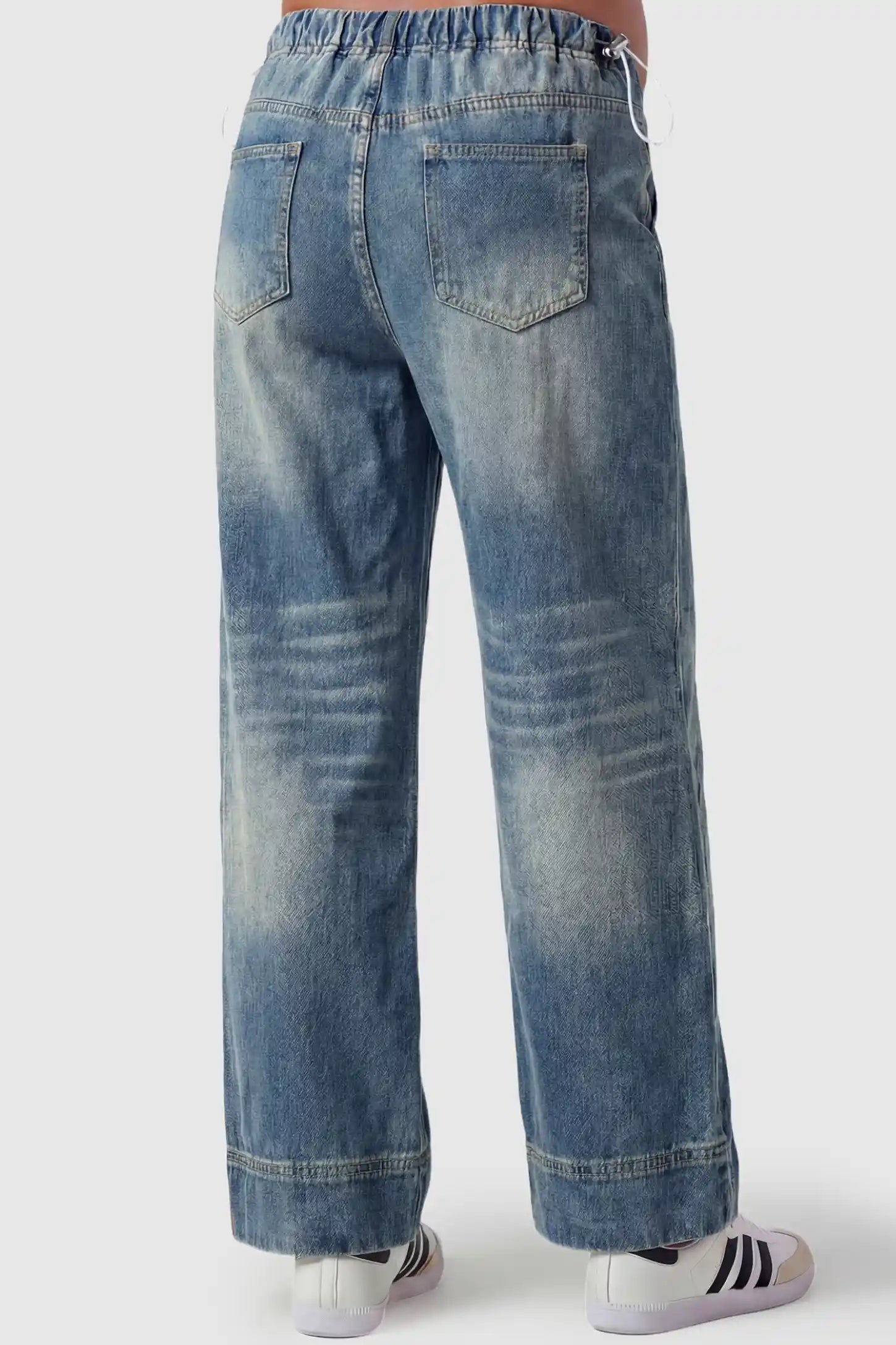Drawstring Wide-Leg Maternity Jeans Drawstring Wide-Leg Maternity Jeans in vintage blue featuring adjustable waist and relaxed full-length silhouette on pregnant model back view.