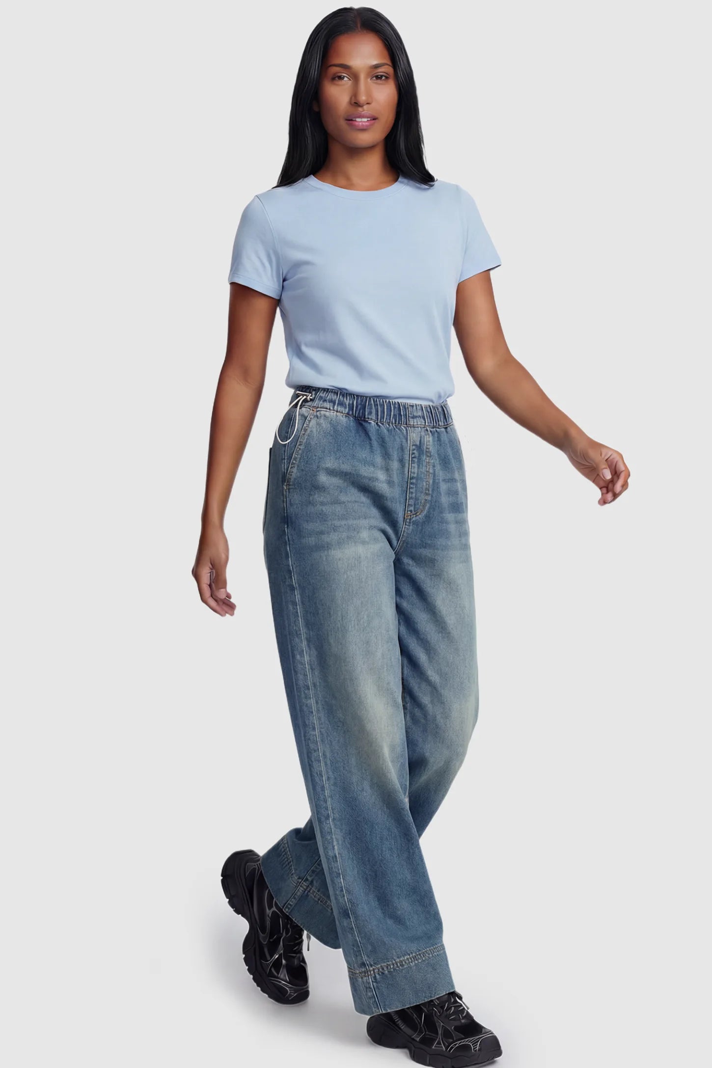 Drawstring Wide-Leg Maternity Jeans Drawstring Wide-Leg Maternity Jeans in vintage blue featuring adjustable waist and relaxed full-length silhouette on non pregnant model front view.