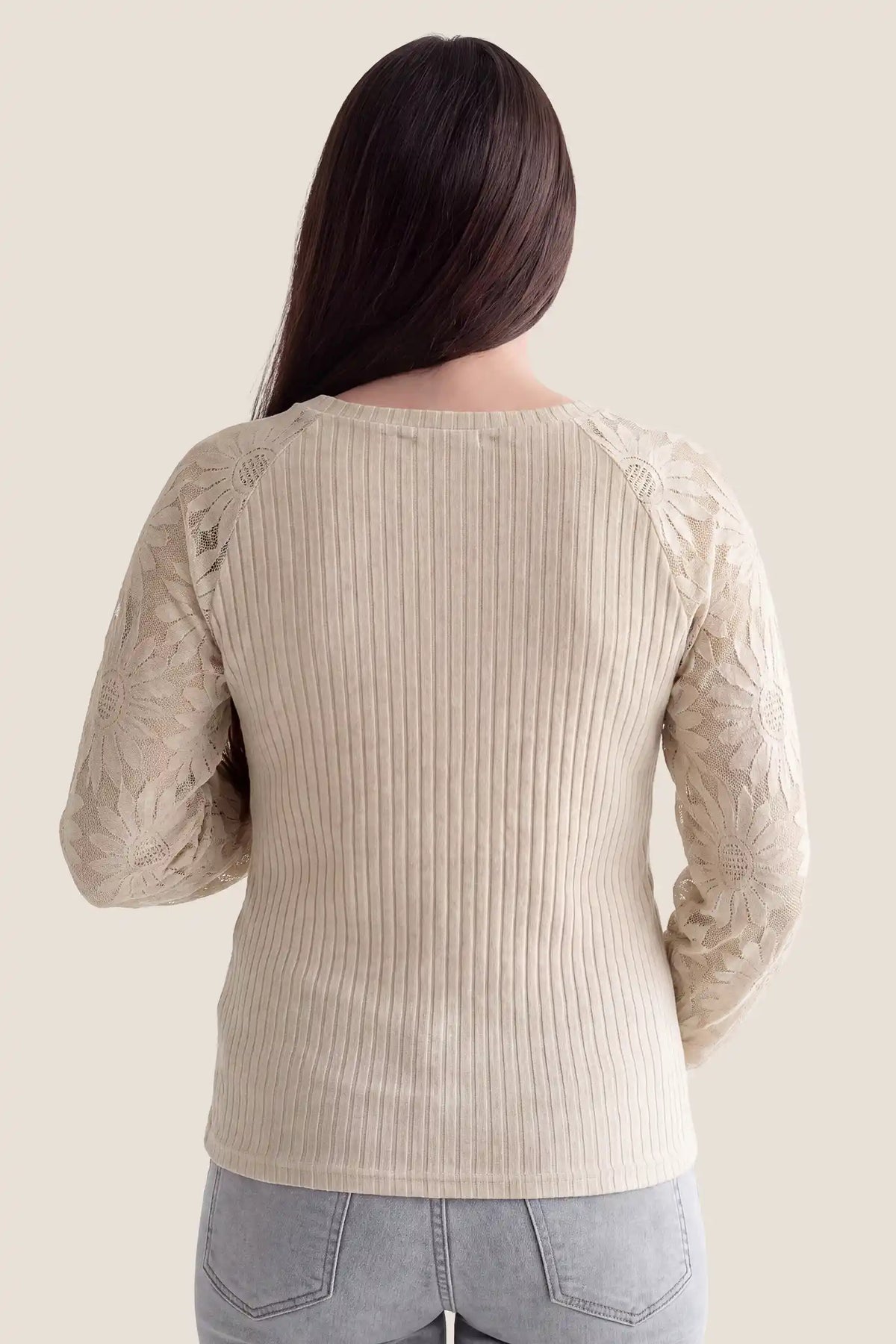 Elegant Openwork Crew Neck Long Sleeve Top Elegant Openwork Crew Neck Long Sleeve Top in Beige featuring full back coverage, soft stretch openwork knit fabric, and versatile design on a pregnant model, back view.