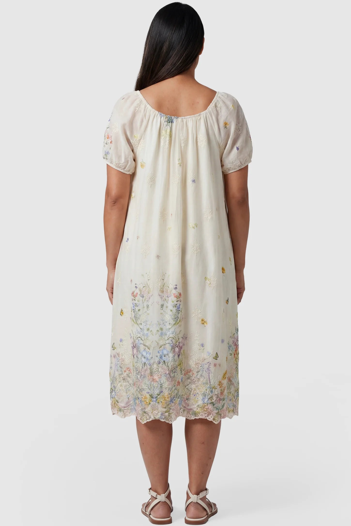 Embroidered Floral Convertible Neckline Maternity Midi Dress Embroidered floral convertible neckline maternity midi dress in beige with embroidered floral detail and puff sleeves, back view on pregnant model