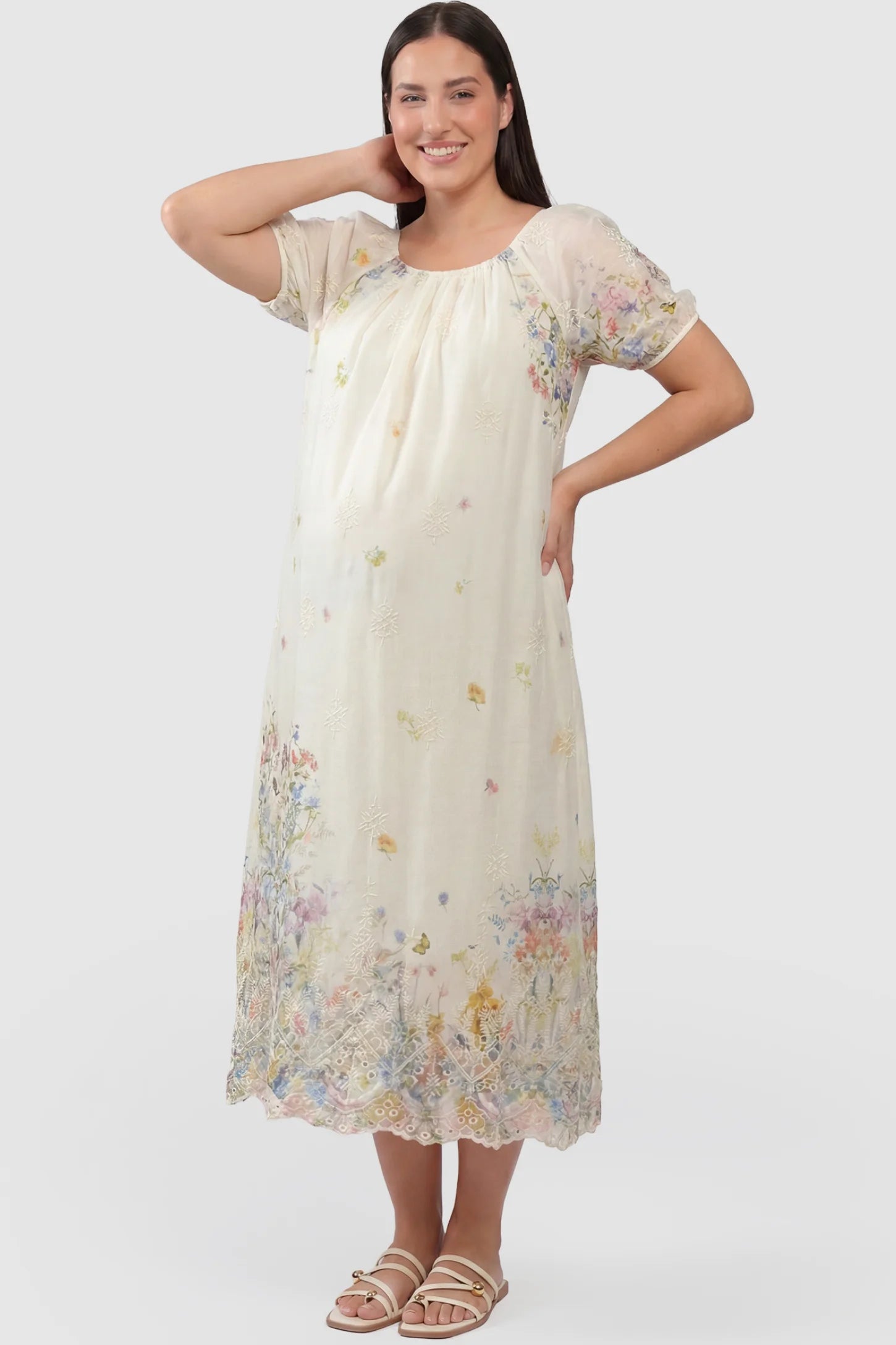 Embroidered Floral Convertible Neckline Maternity Midi Dress Embroidered floral convertible neckline maternity midi dress in beige with embroidered floral detail and puff sleeves, front view on plus-size model
