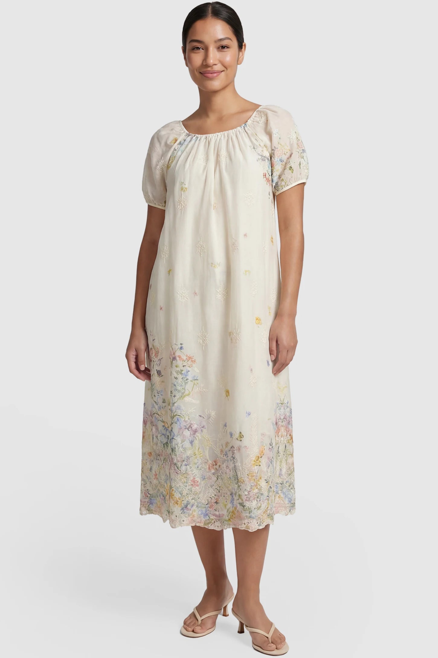 Embroidered Floral Convertible Neckline Maternity Midi Dress Embroidered floral convertible neckline maternity midi dress in beige with embroidered floral detail and puff sleeves, front view on postpartum model