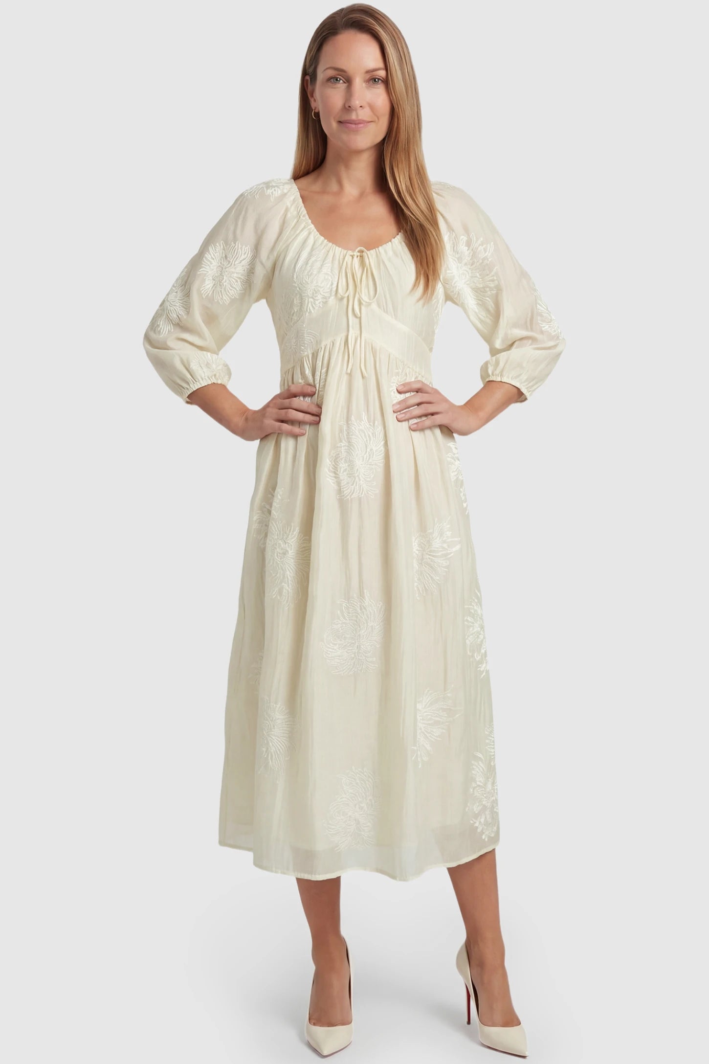 Embroidered Floral Gathered Tie Front Maternity Midi Dress Embroidered floral gathered tie front maternity midi dress in pale yellow with delicate floral embroidery, front view on postpartum model