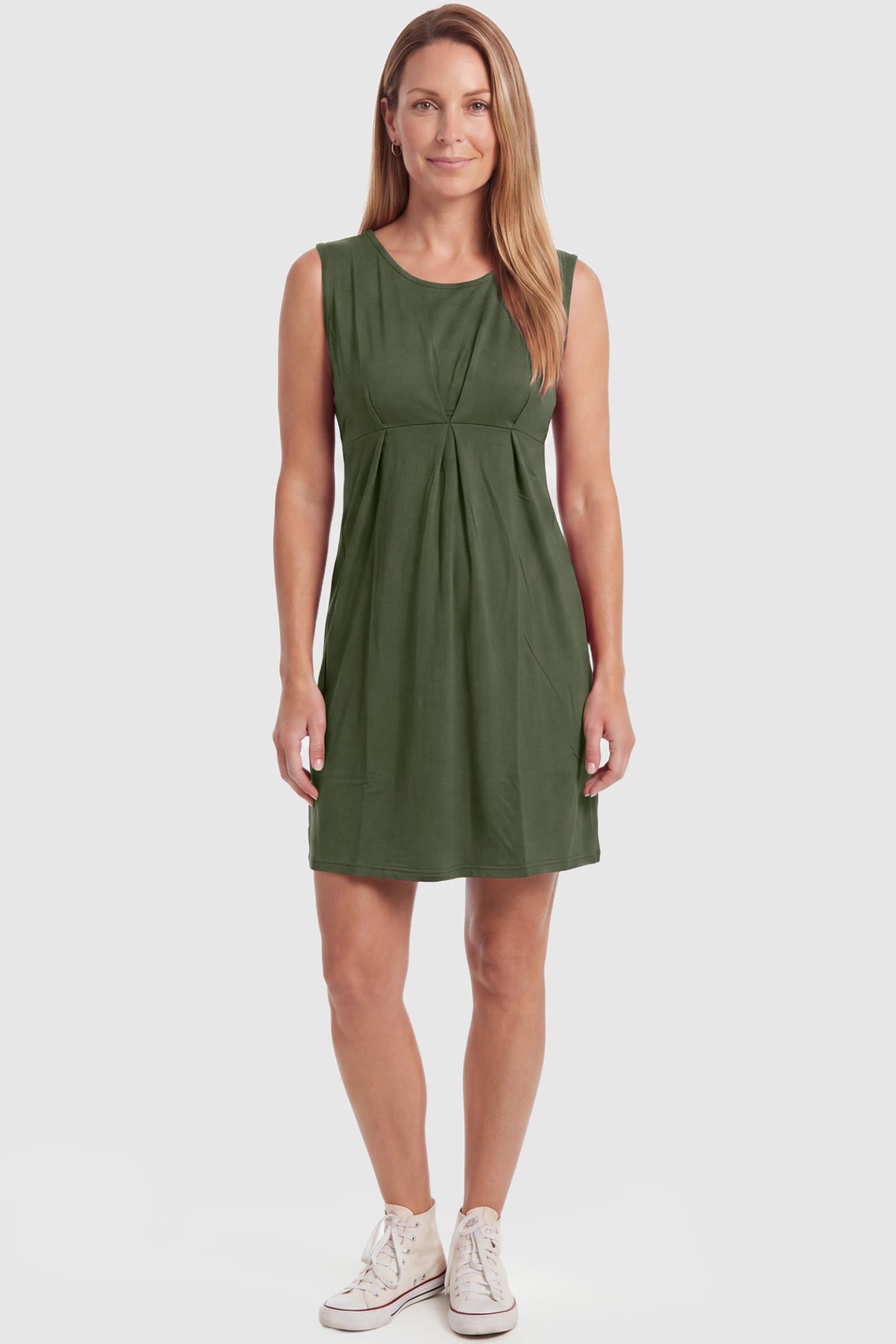 Sleeveless Empire Waist Maternity Short Dress Sleeveless empire waist maternity short dress in army green with short length and sleeveless design, front view on postpartum model