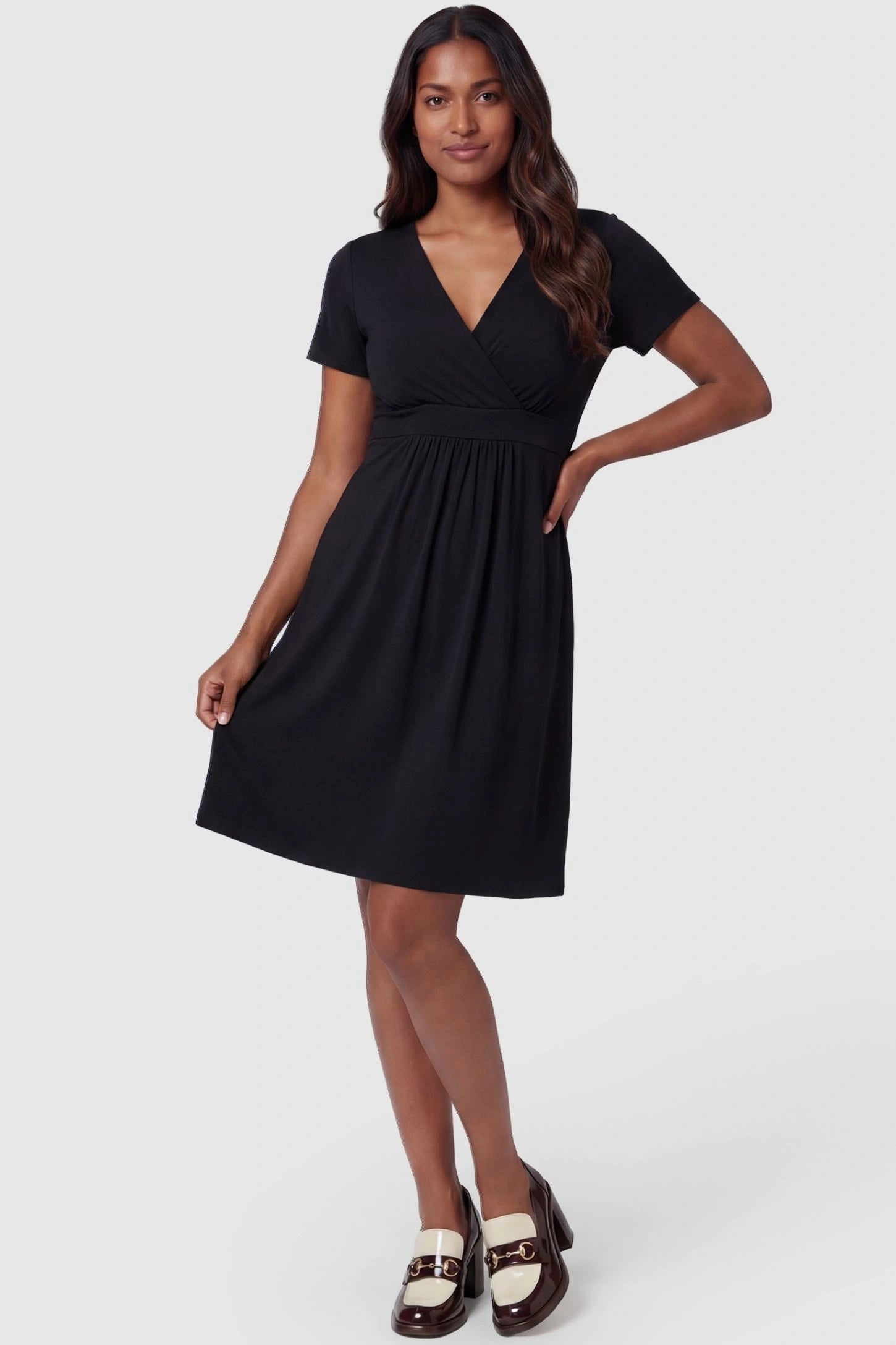 V-Neck Empire Waist Short Maternity & Nursing Dress V-Neck Empire Waist Short Maternity and Nursing Dress in black featuring A-line silhouette in full body front view on a postpartum model