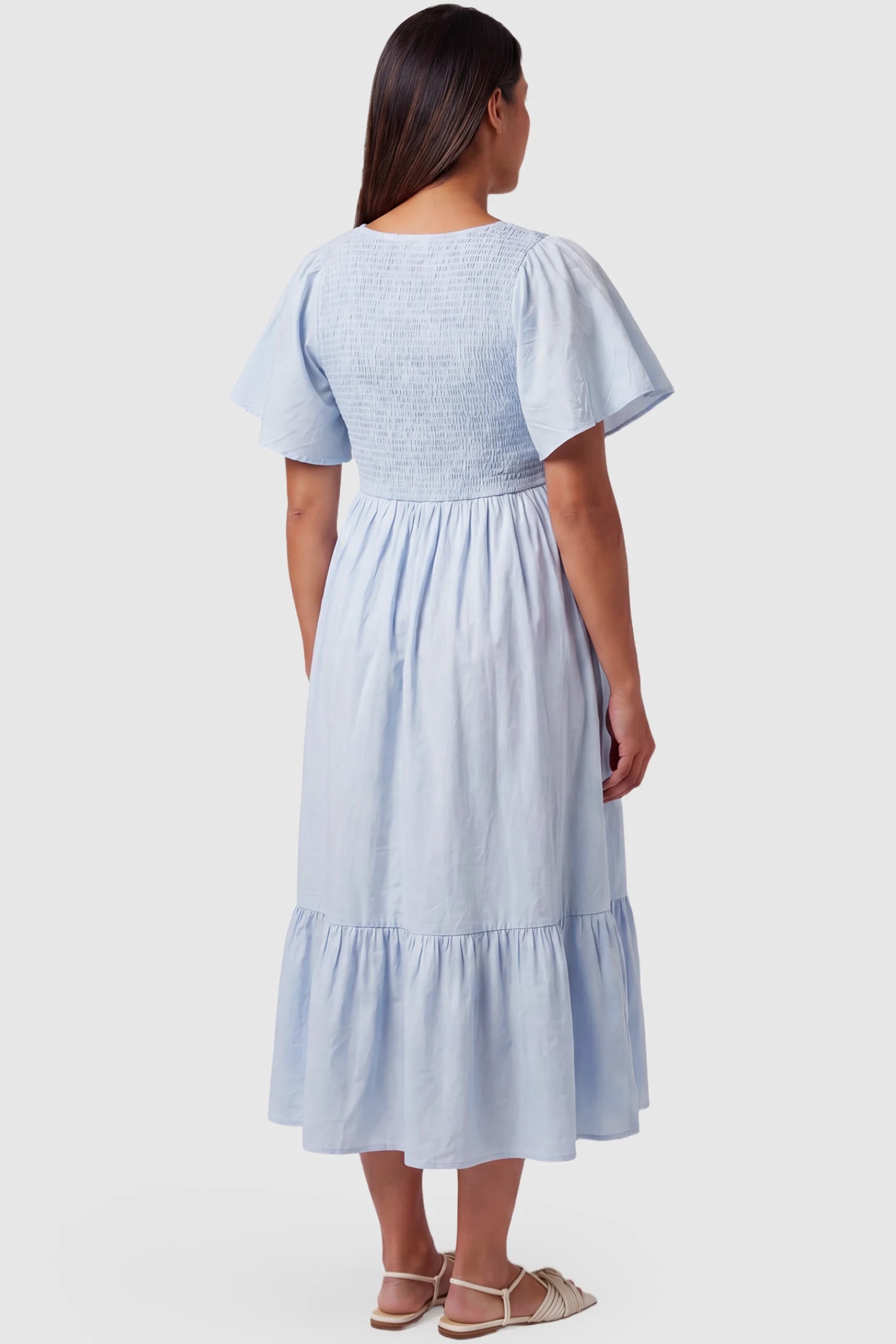 Smocked Empire Waist Tiered Skirt Maternity Midi Dress Smocked empire waist tiered skirt maternity midi dress in light blue with breathable lightweight rayon fabric, back view on pregnant model