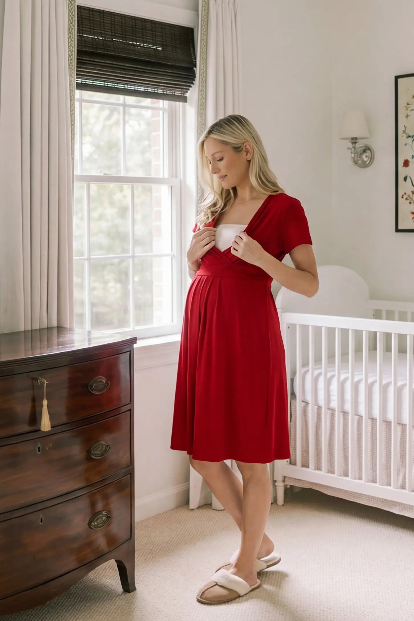 V-Neck Empire Waist Short Maternity & Nursing Dress V-Neck Empire Waist Short Maternity and Nursing Dress in red featuring easy nursing access in full body front view on a UGC model