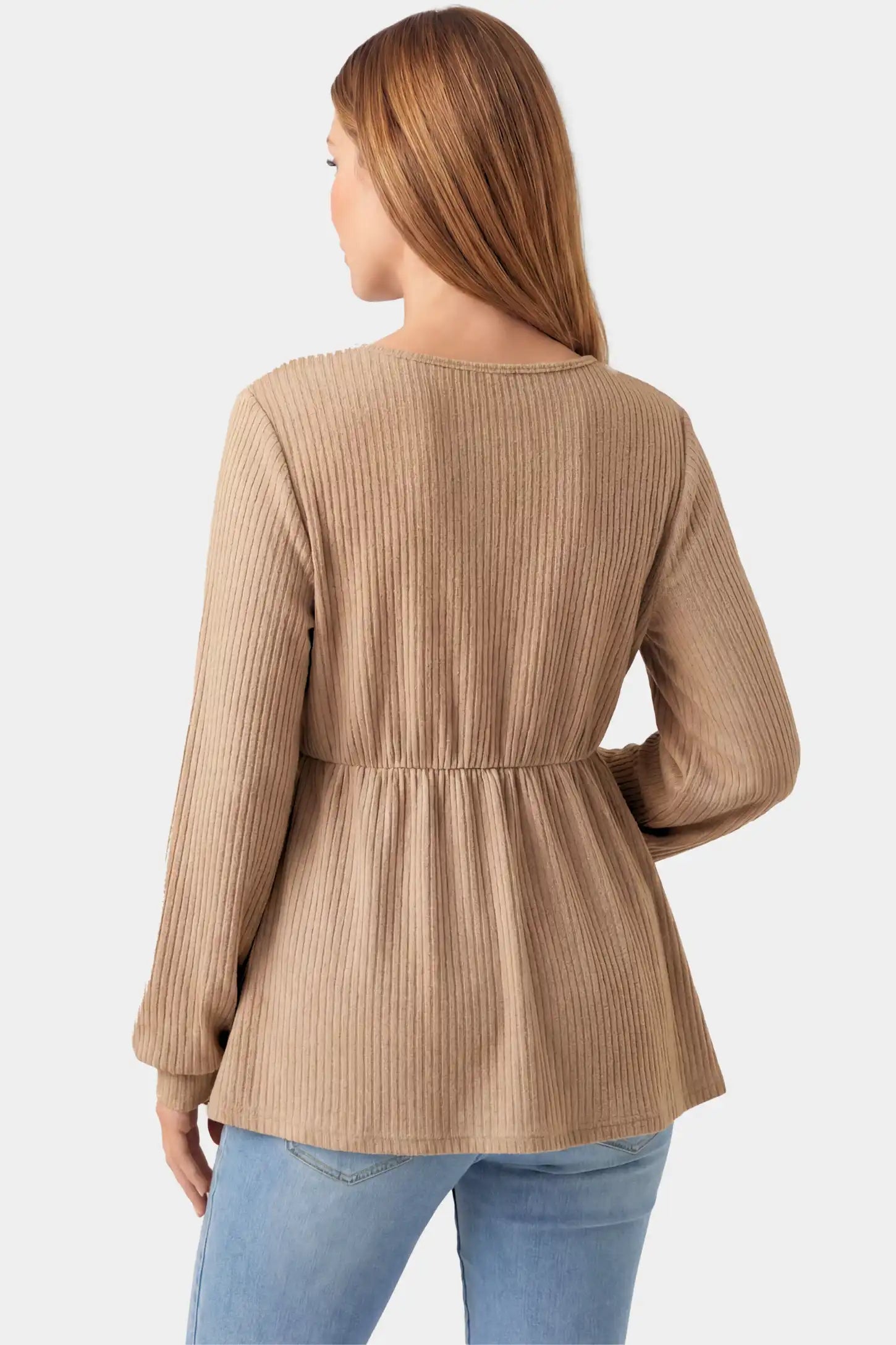 Ribbed Knit Empire Waist Maternity Top Ribbed Knit Empire Waist Maternity Top in khaki featuring a v-neckline and ribbed knit texture on a pregnant model.