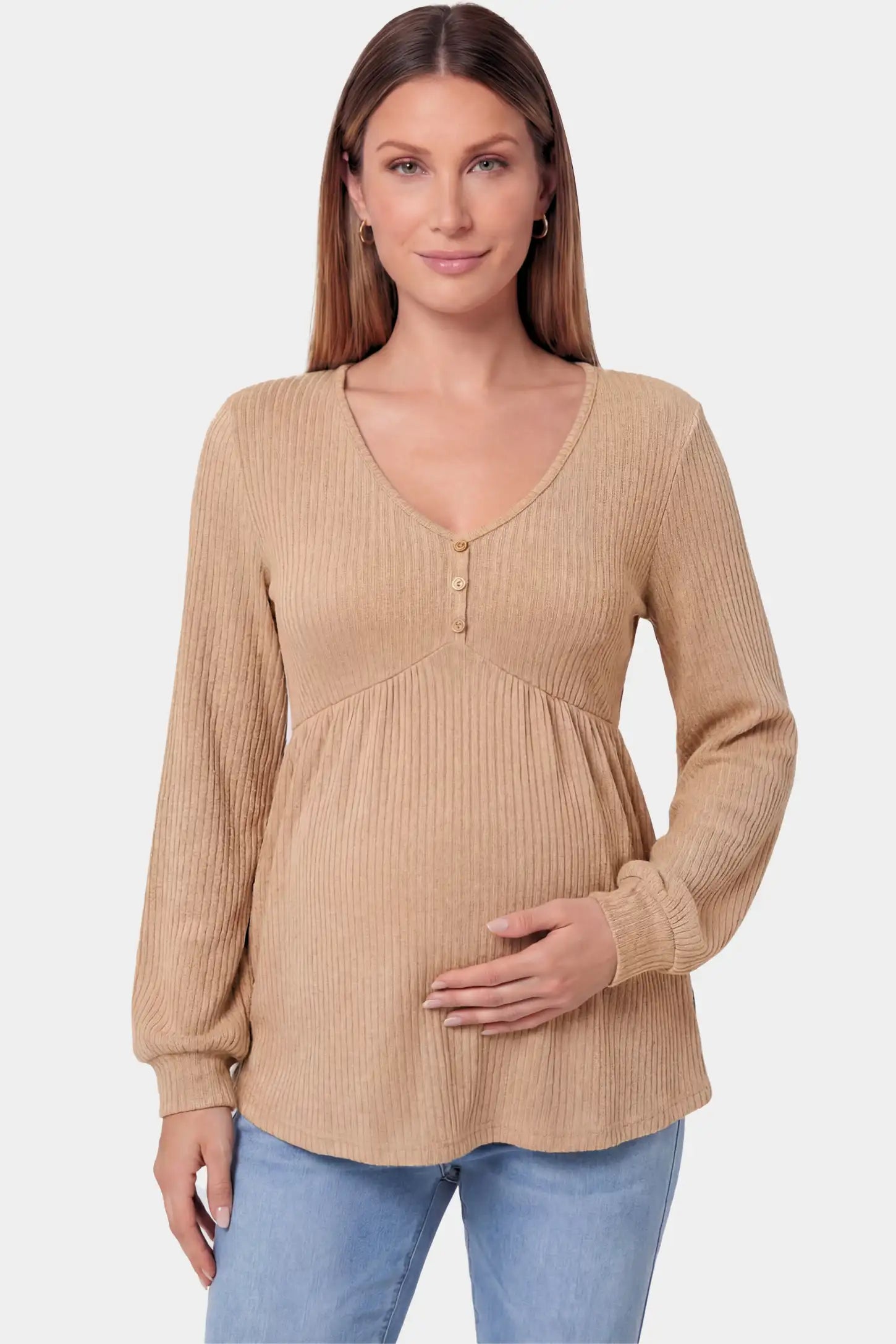 Ribbed Knit Empire Waist Maternity Top Ribbed Knit Empire Waist Maternity Top in khaki featuring a v-neckline and ribbed knit texture on a pregnant model.