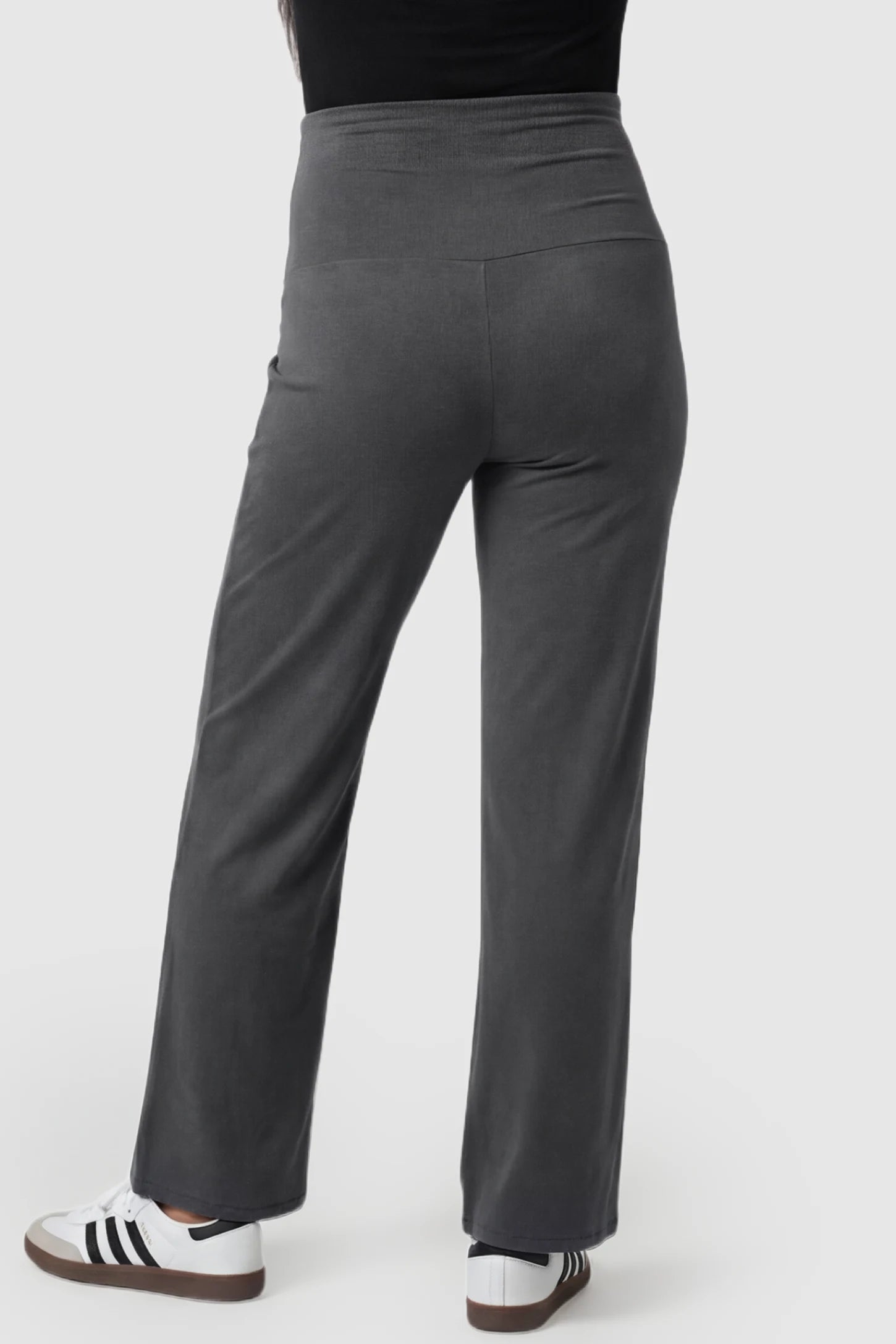 High Waist Full Panel Flare Leg Maternity Pants High Waist Full Panel Flare Leg Maternity Pants in gray featuring flare legs on pregnant model.