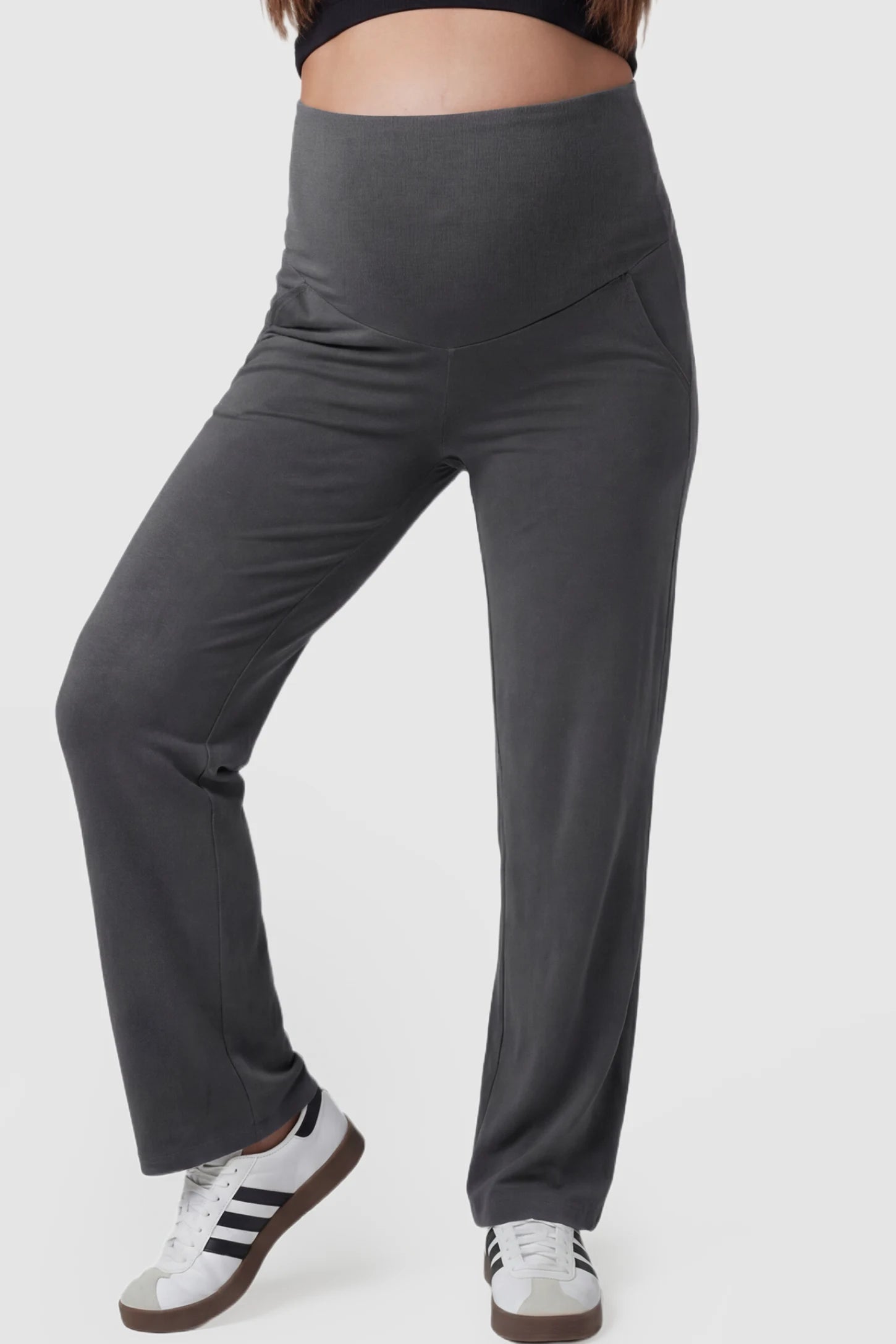 High Waist Full Panel Flare Leg Maternity Pants High Waist Full Panel Flare Leg Maternity Pants in gray featuring over-the-belly high stretch fit on pregnant model.