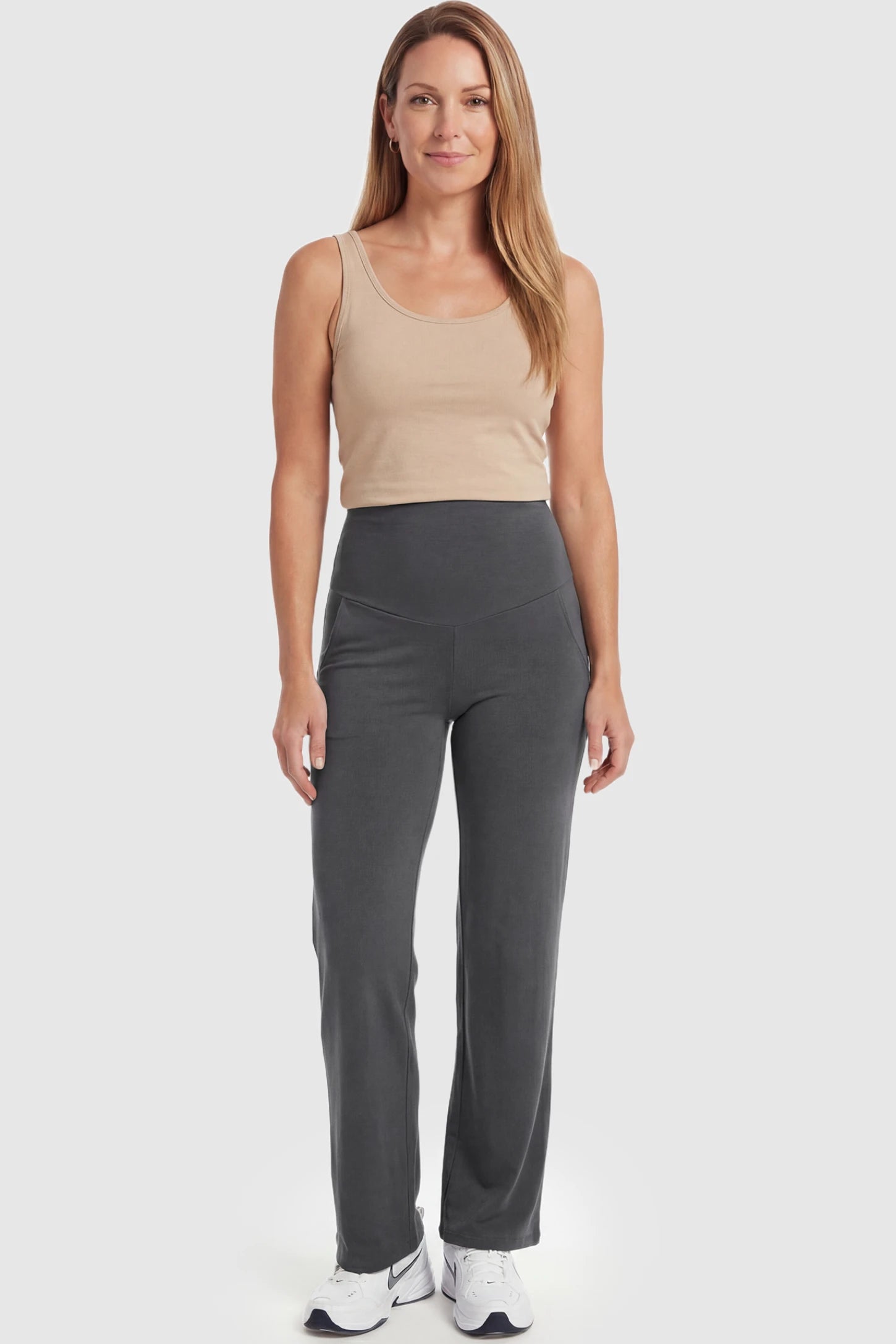 High Waist Full Panel Flare Leg Maternity Pants High Waist Full Panel Flare Leg Maternity Pants in gray featuring over-the-belly high stretch fit on non pregnant model.