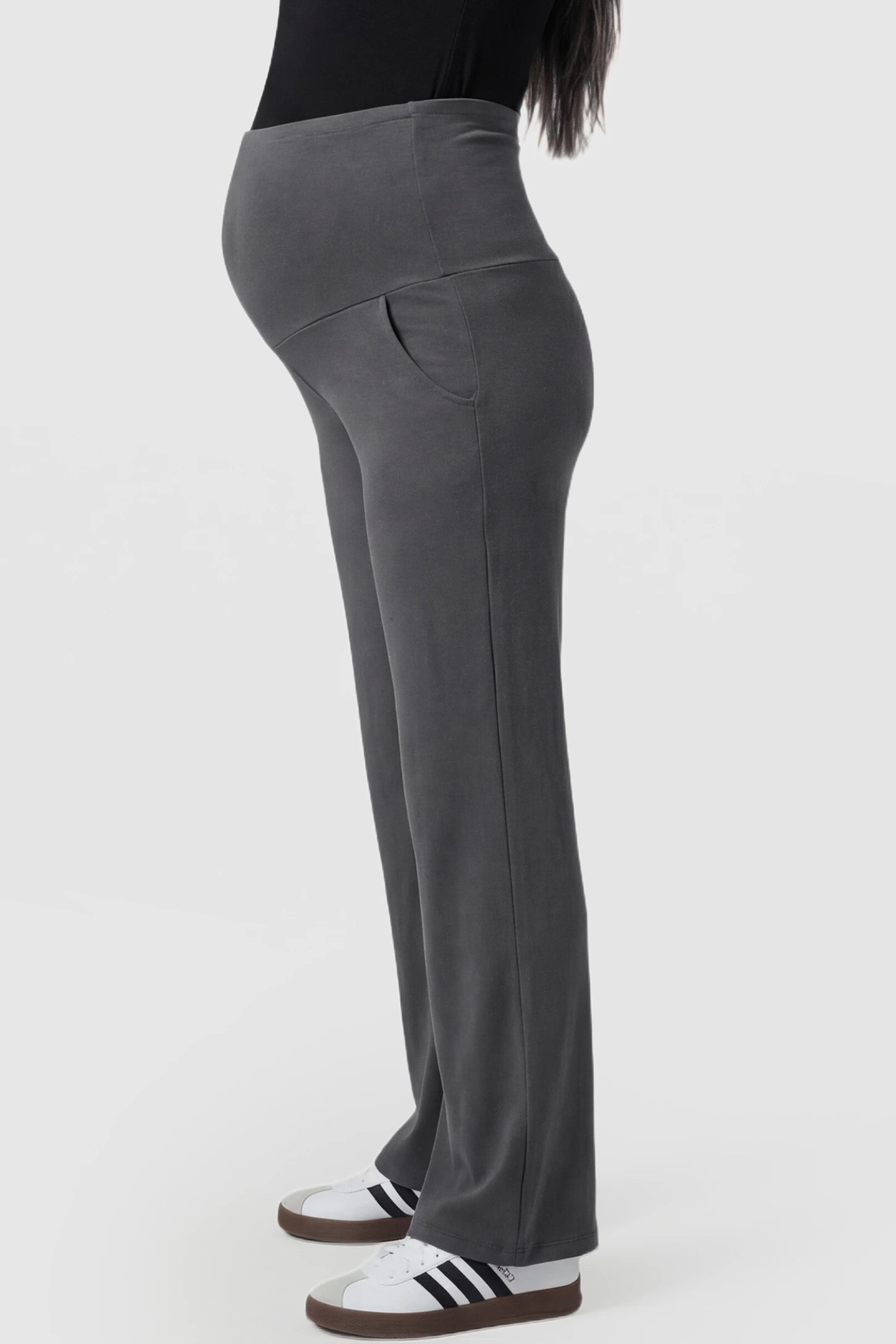 High Waist Full Panel Flare Leg Maternity Pants High Waist Full Panel Flare Leg Maternity Pants in gray featuring over-the-belly high stretch fit on pregnant model.