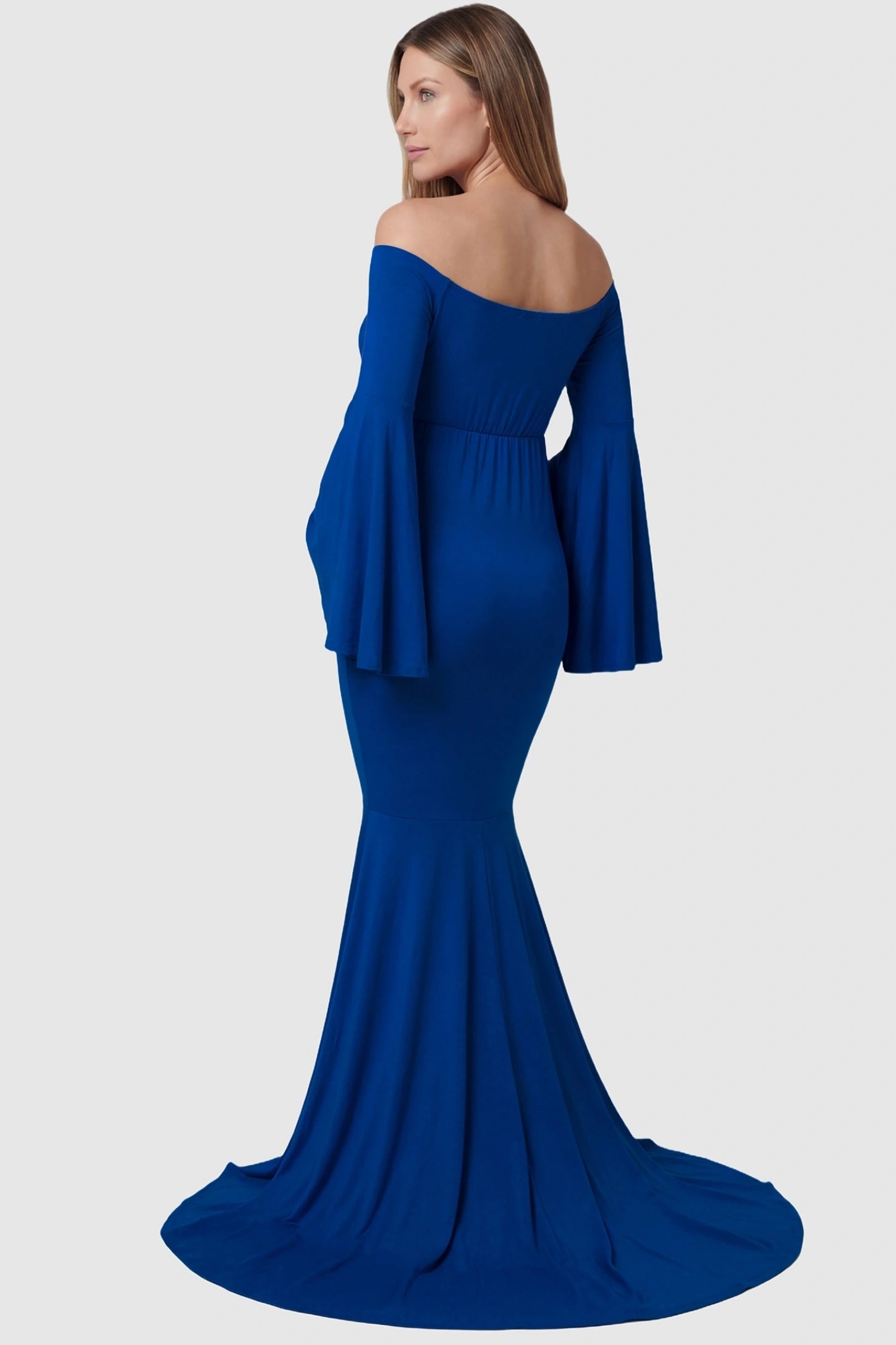 Wrap Flared Fishtail Maternity Gown Wrap Flared Fishtail Maternity Gown in Blue featuring flared bell sleeves on a pregnant model back view.
