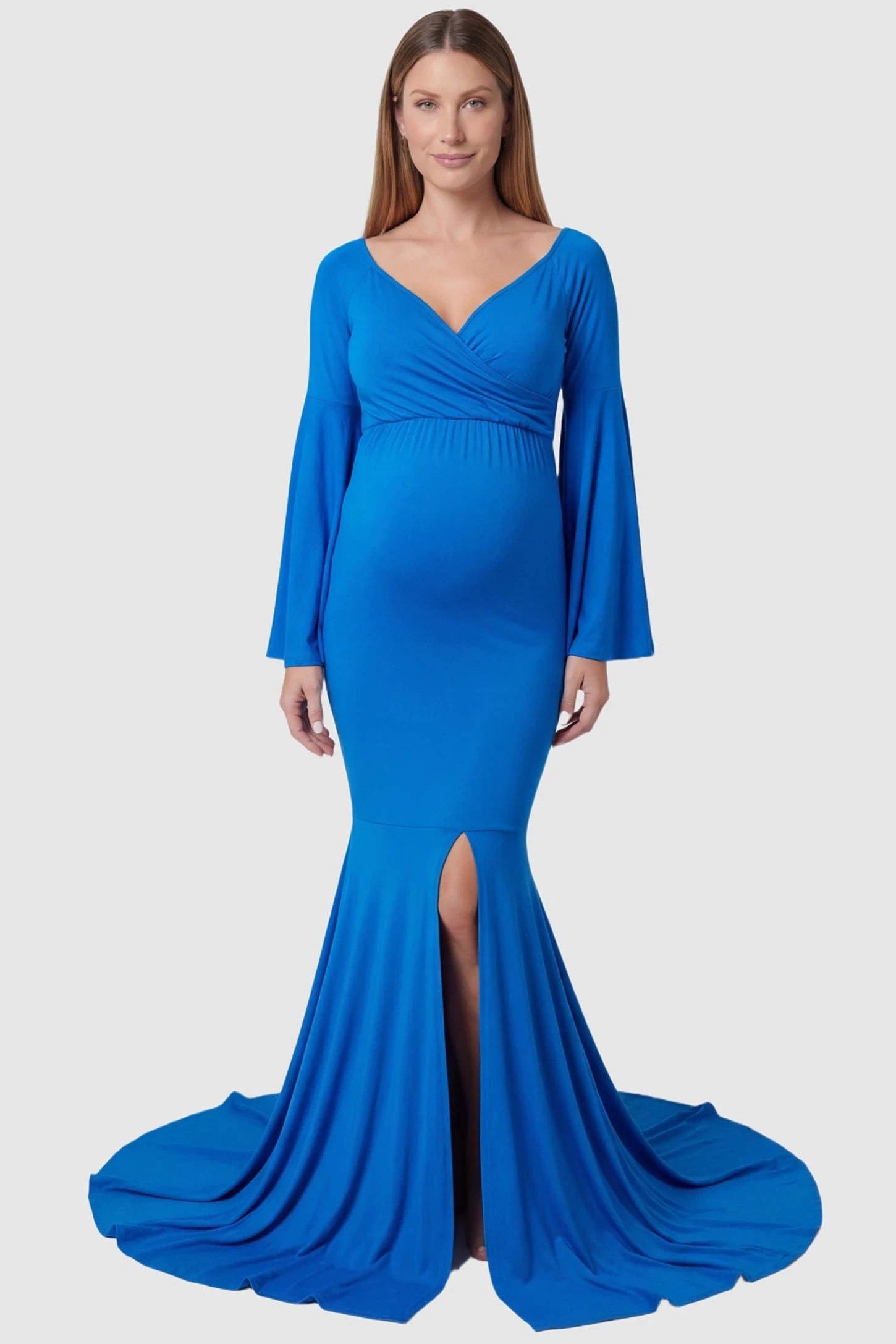 Wrap Flared Fishtail Maternity Gown Wrap Flared Fishtail Maternity Gown in Denim Blue featuring a sweetheart neckline on a pregnant model front view.