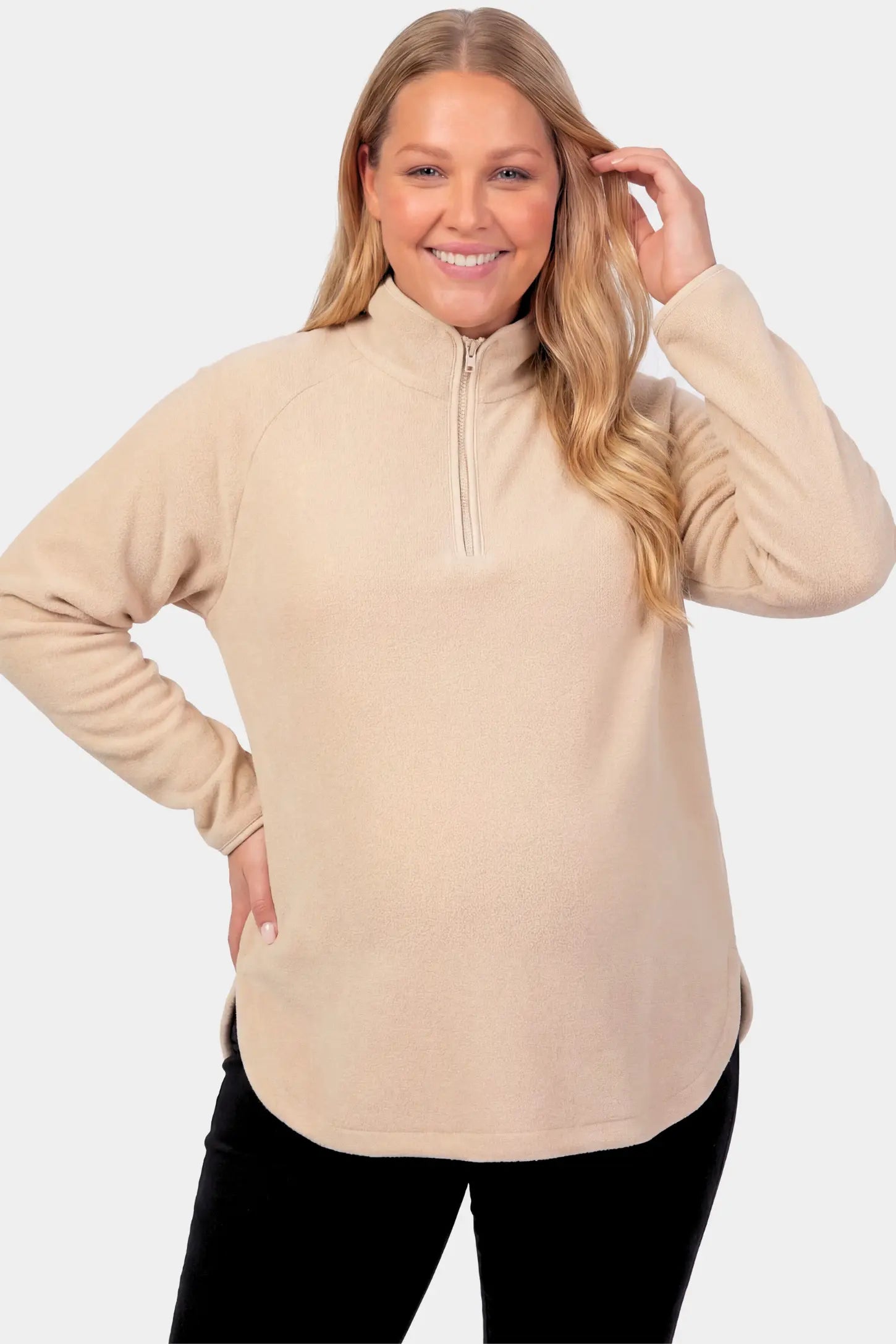 Fleece Mock Neck with Half-Zip Maternity Sweater Fleece Mock Neck with Half-Zip Maternity Sweater in apricot featuring a mock neck and half-zip detail on a pregnant model.