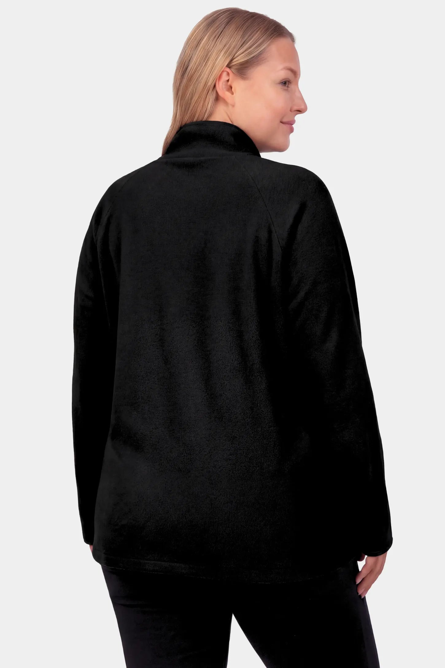 Fleece Mock Neck with Half-Zip Maternity Sweater Fleece Mock Neck with Half-Zip Maternity Sweater in black featuring a mock neck and half-zip detail on a pregnant model.