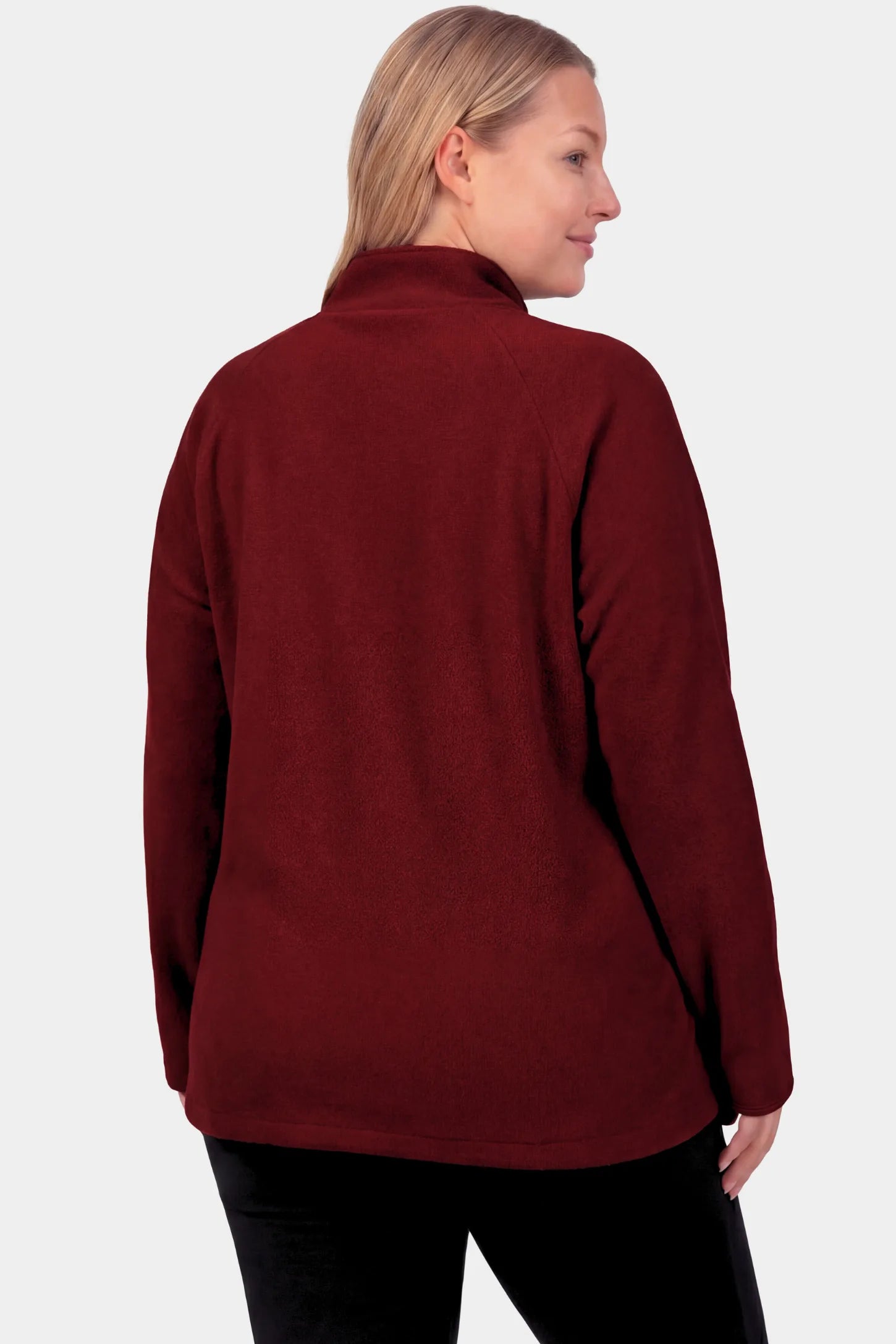 Fleece Mock Neck with Half-Zip Maternity Sweater Fleece Mock Neck with Half-Zip Maternity Sweater in burgundy featuring a mock neck and half-zip detail on a pregnant model.