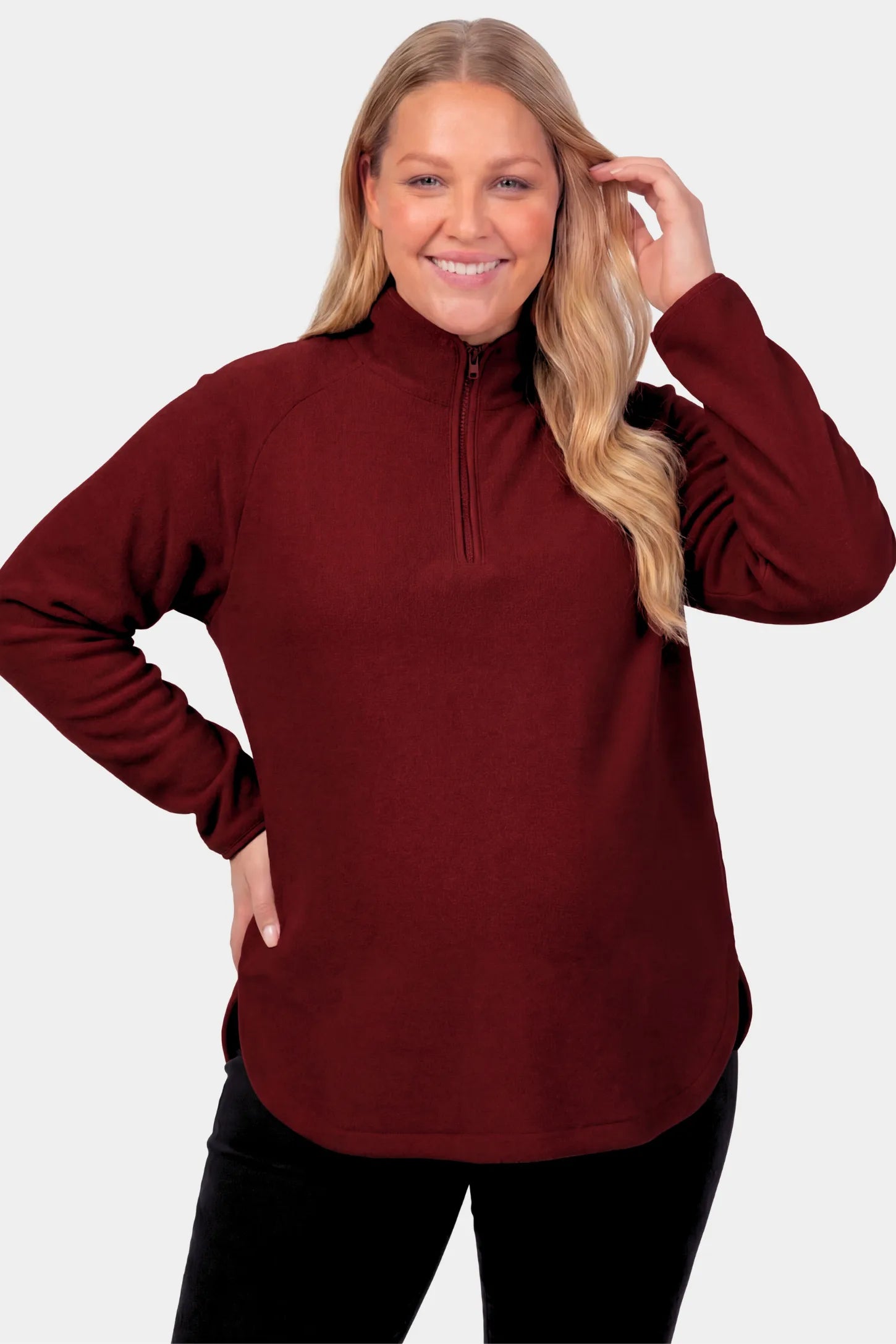Fleece Mock Neck with Half-Zip Maternity Sweater Fleece Mock Neck with Half-Zip Maternity Sweater in burgundy featuring a mock neck and half-zip detail on a pregnant model.