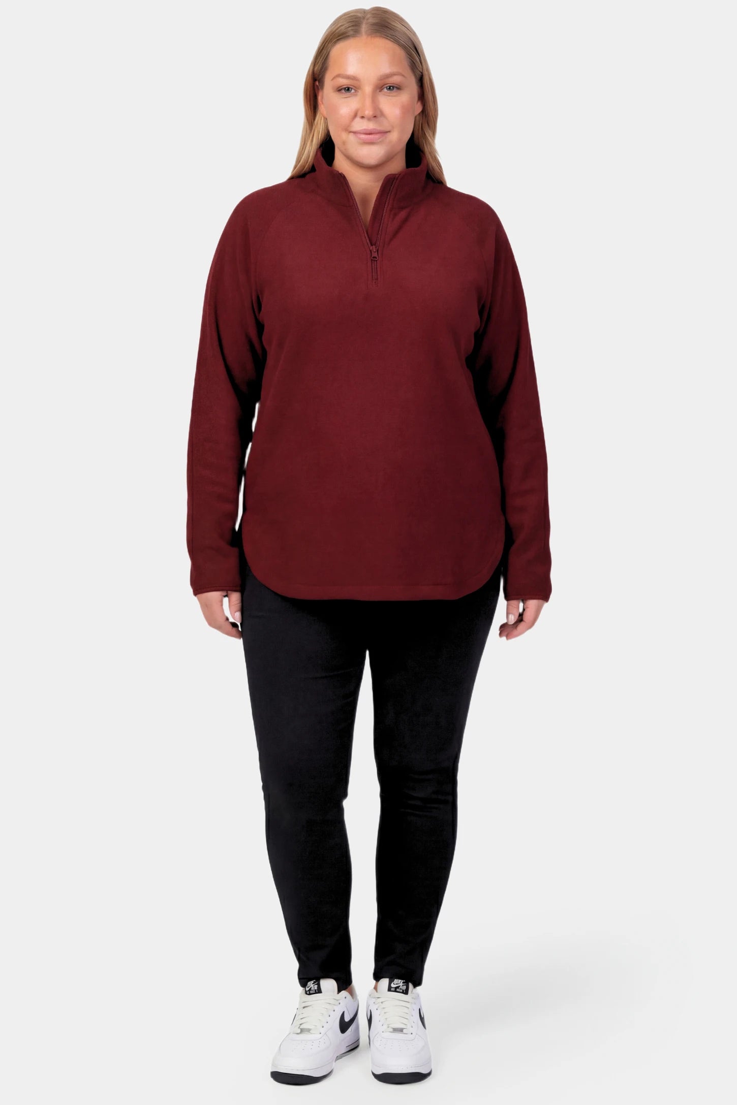 Fleece Mock Neck with Half-Zip Maternity Sweater Fleece Mock Neck with Half-Zip Maternity Sweater in burgundy featuring a mock neck and half-zip detail on a pregnant model.