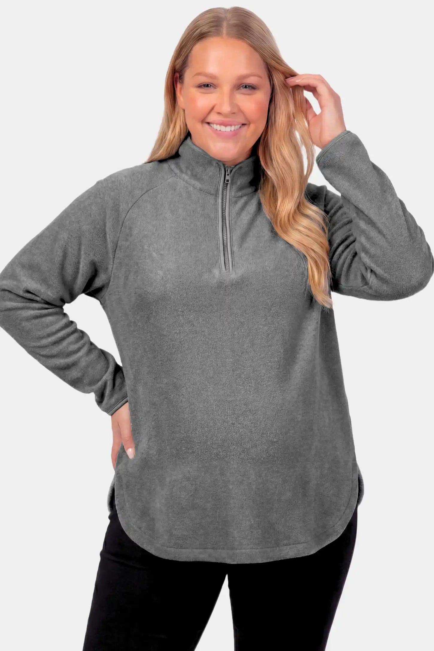 Fleece Mock Neck with Half-Zip Maternity Sweater Fleece Mock Neck with Half-Zip Maternity Sweater in light gray featuring a mock neck and half-zip detail on a pregnant model.