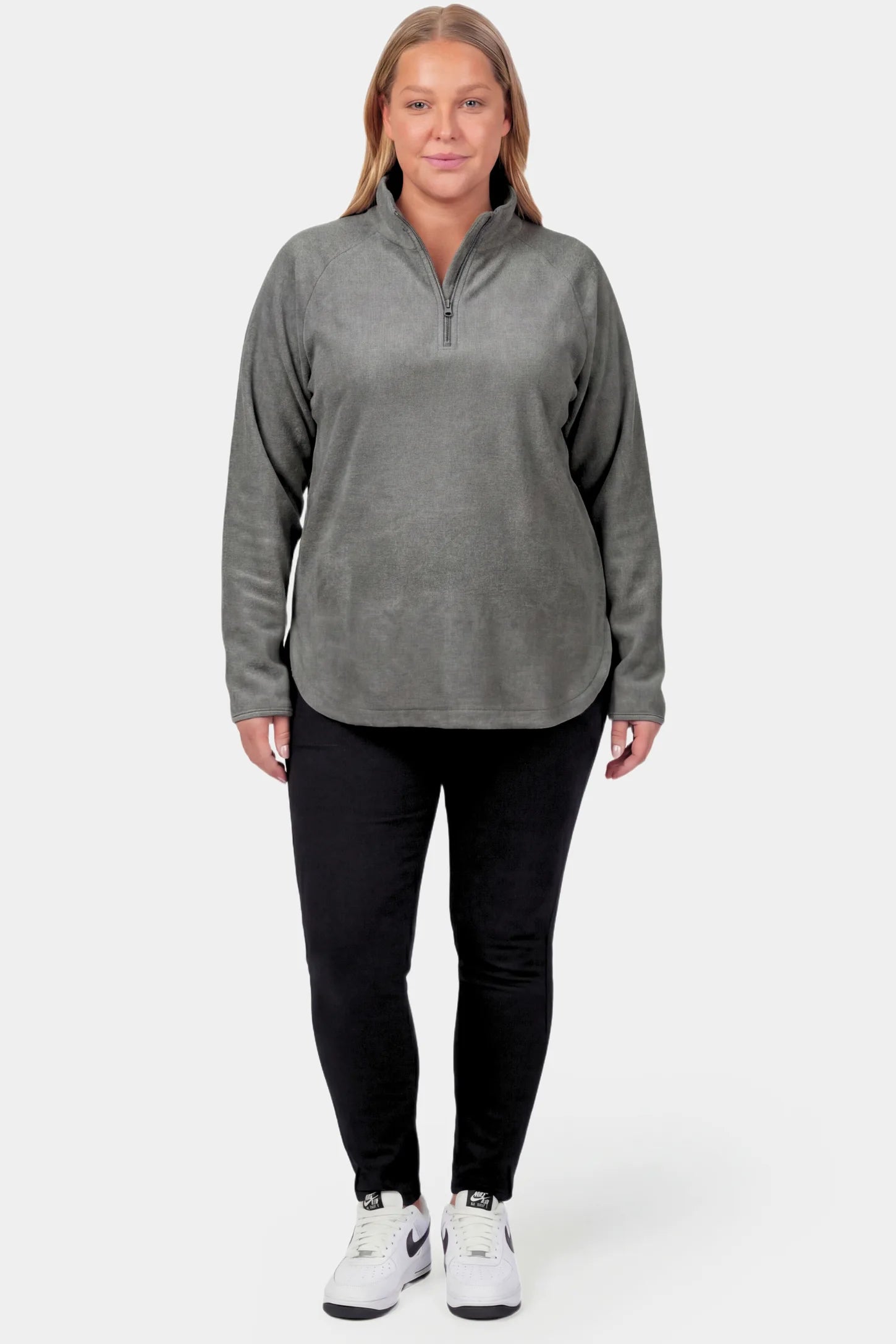 Fleece Mock Neck with Half-Zip Maternity Sweater Fleece Mock Neck with Half-Zip Maternity Sweater in light gray featuring a mock neck and half-zip detail on a pregnant model.