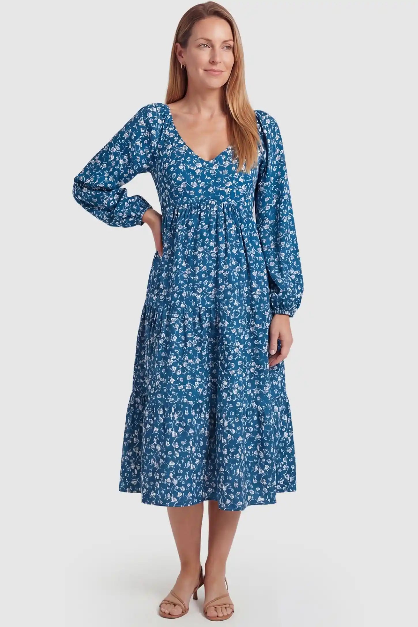 Floral Balloon Sleeves Midi Maternity Dress Blue Floral Balloon Sleeves Midi Maternity Dress featuring balloon sleeves on a front-facing non-pregnant model.