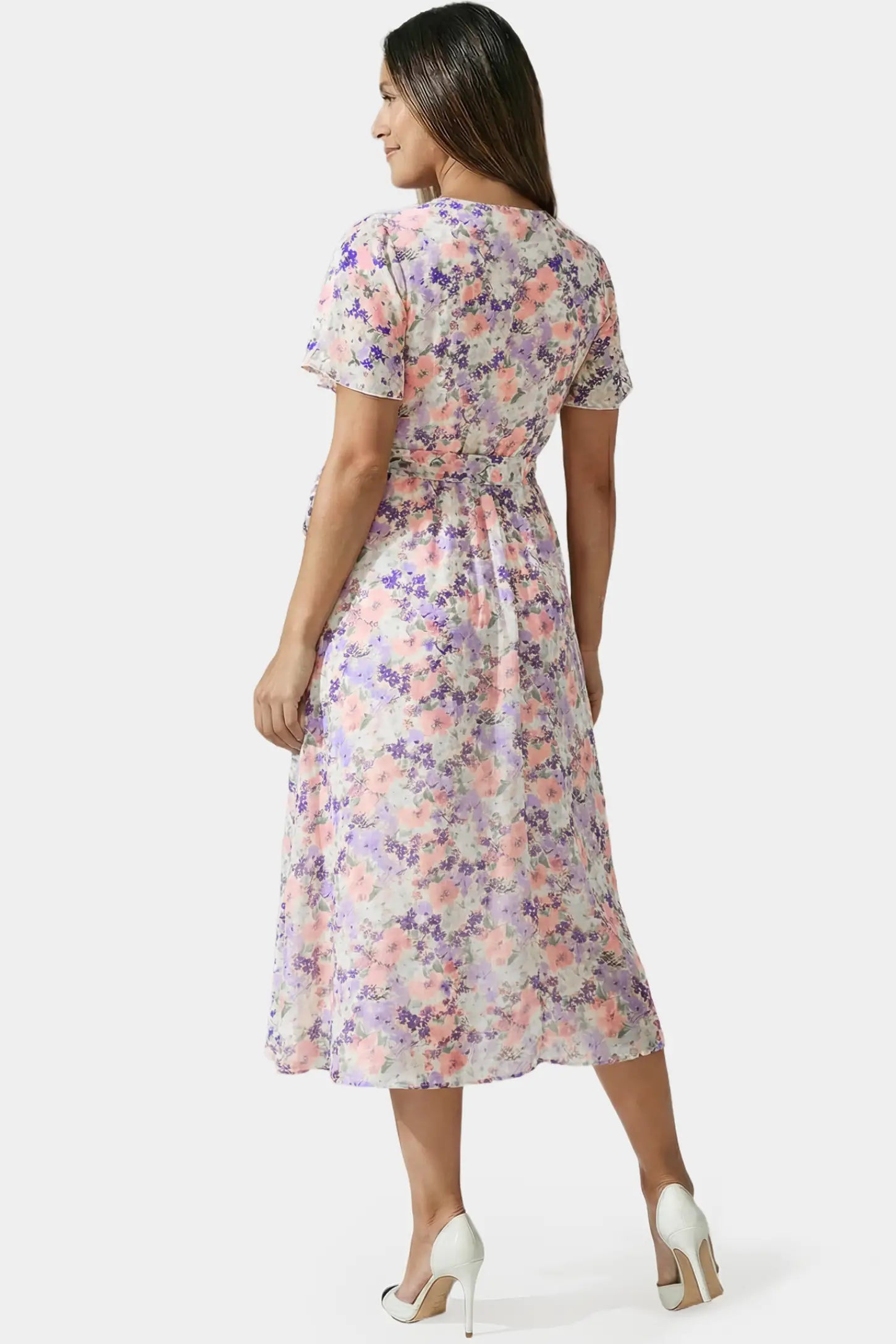 Floral V-Neck Ruffled Hem Midi Maternity Dress