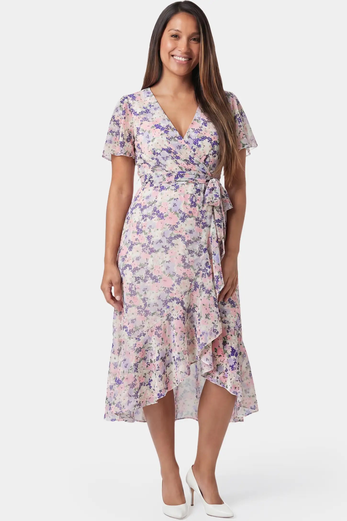 Floral V-Neck Ruffled Hem Midi Maternity Dress