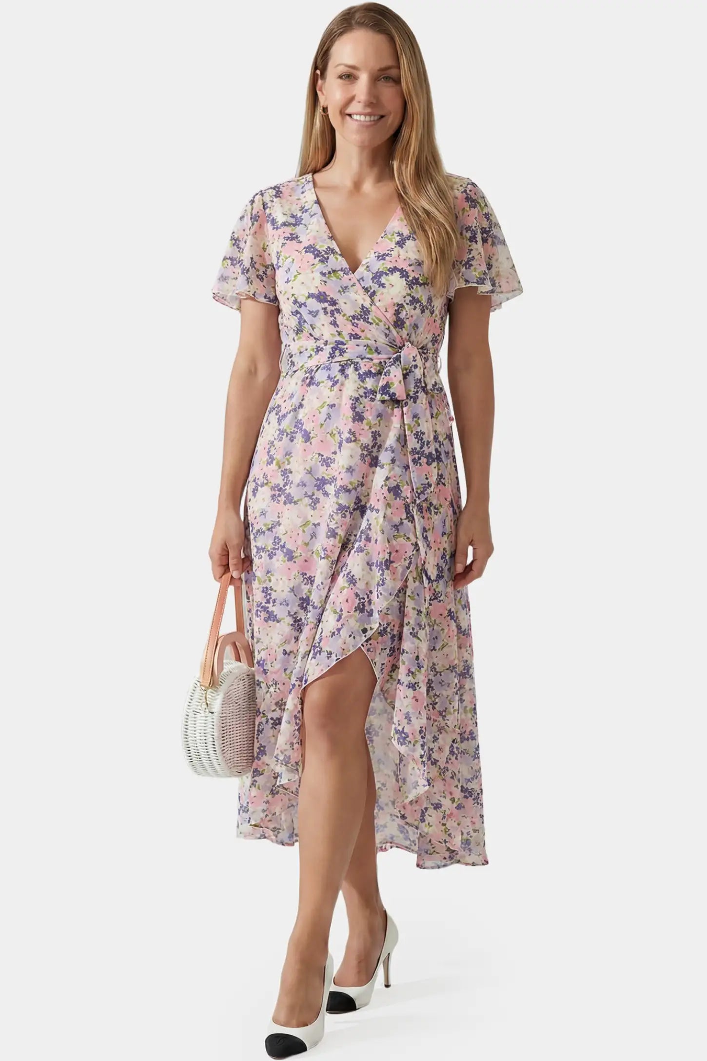Floral V-Neck Ruffled Hem Midi Maternity Dress