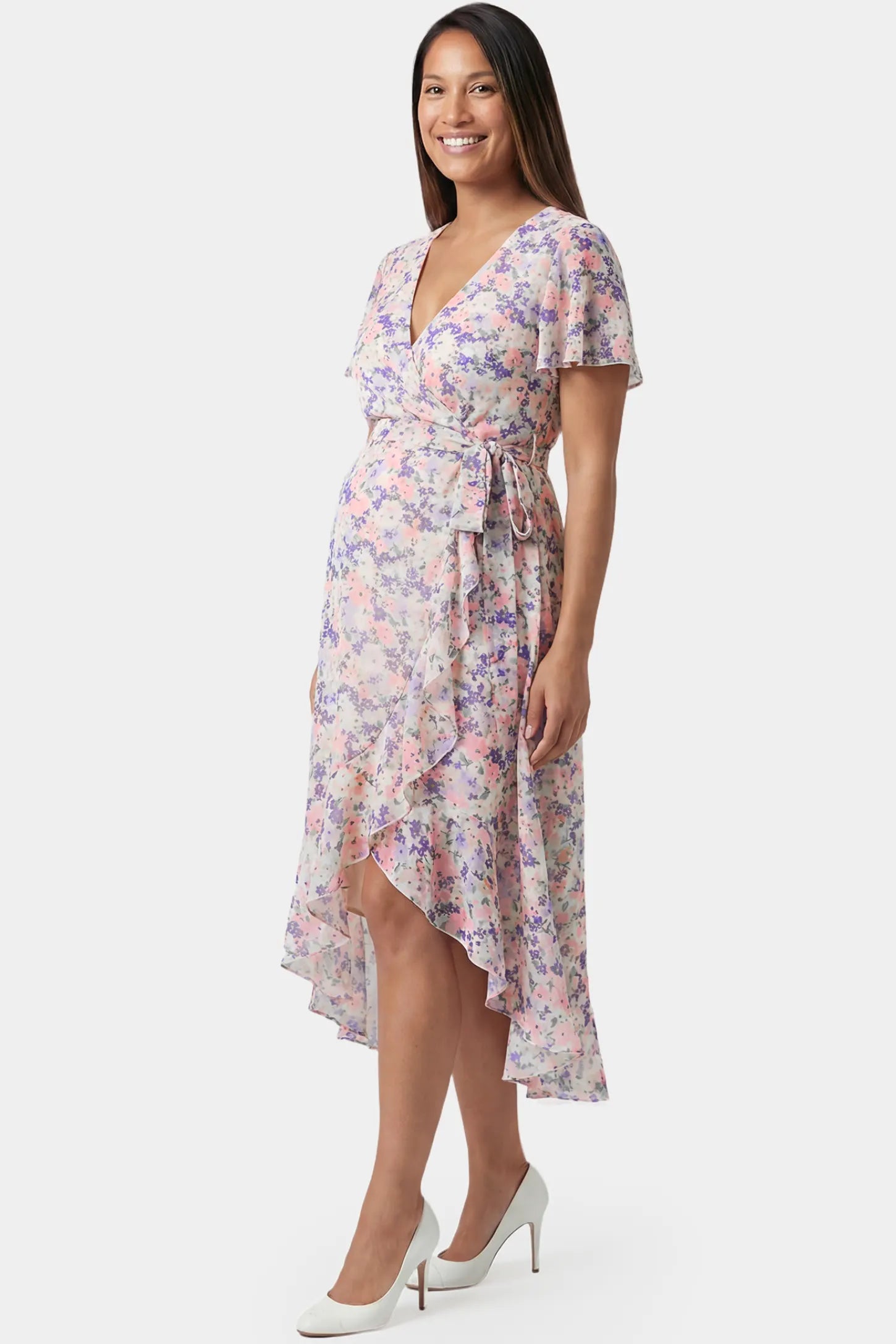 Floral V-Neck Ruffled Hem Midi Maternity Dress