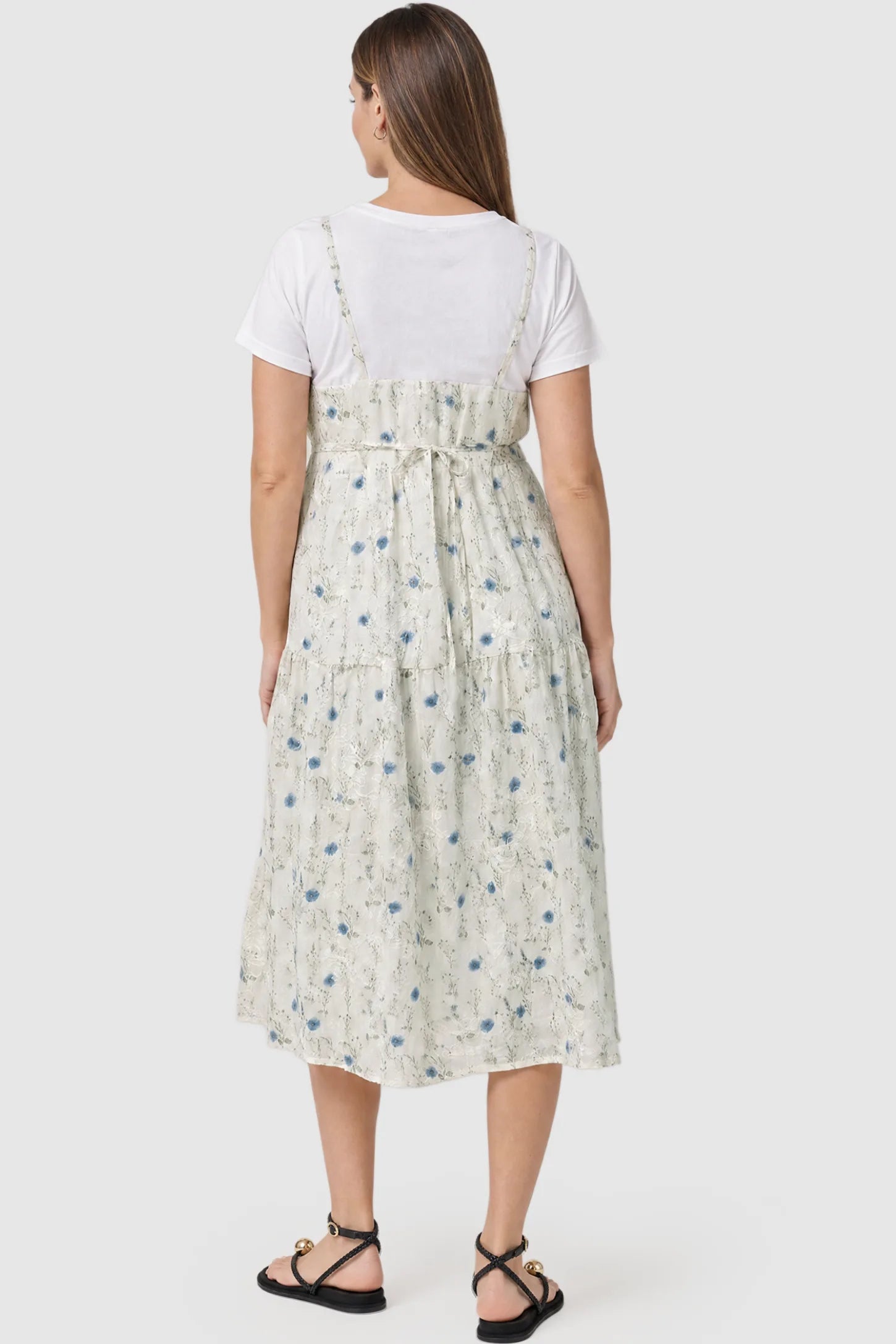 Floral Print Round Neck Layered Skirt Maternity Midi Dress Floral print round neck layered skirt maternity midi dress in blue with elegant layered floral design & drawstring waist, back view on pregnant model