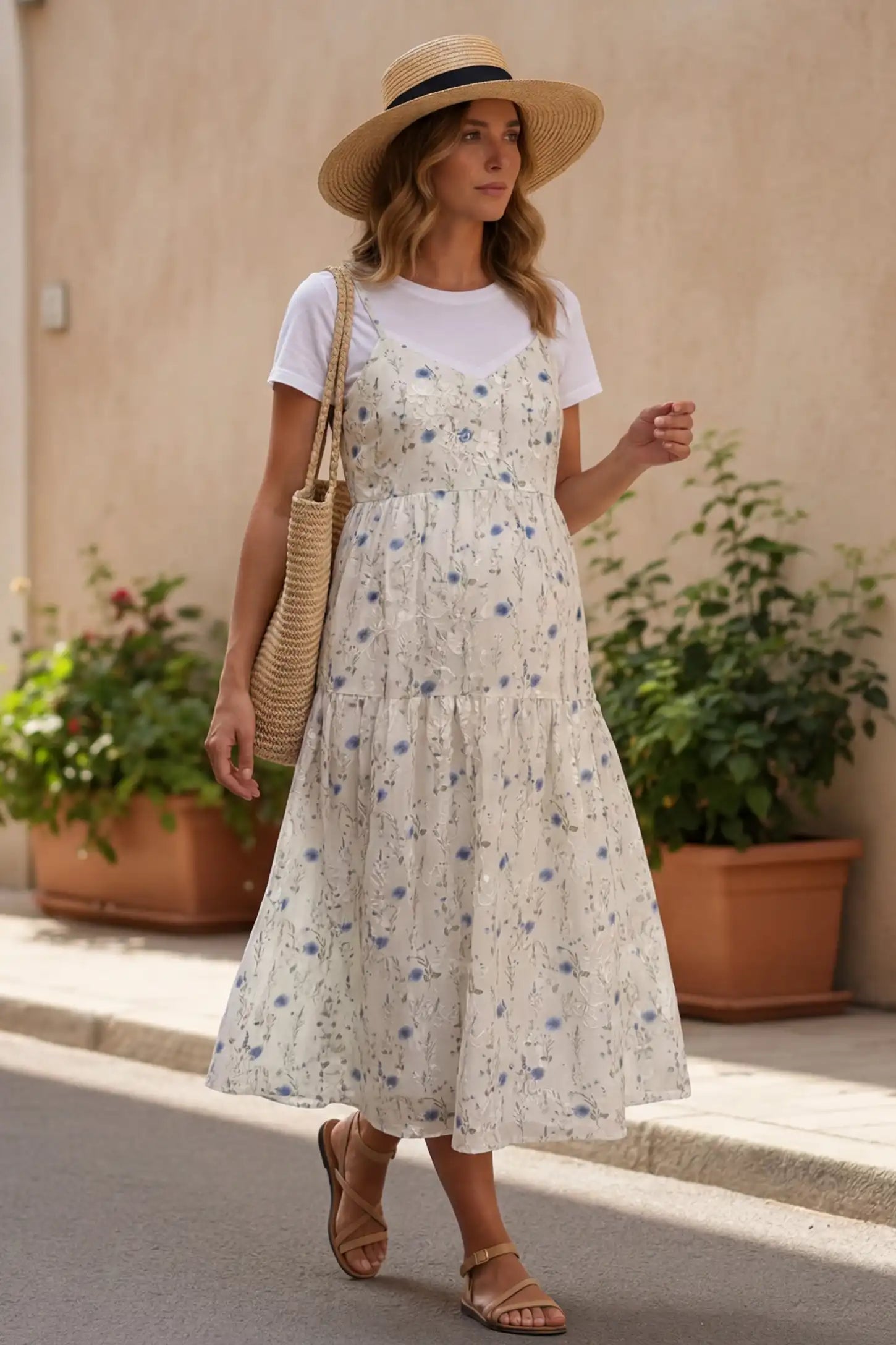 Floral Print Round Neck Layered Skirt Maternity Midi Dress Floral print round neck layered skirt maternity midi dress in blue with elegant layered floral design, editorial lifestyle view