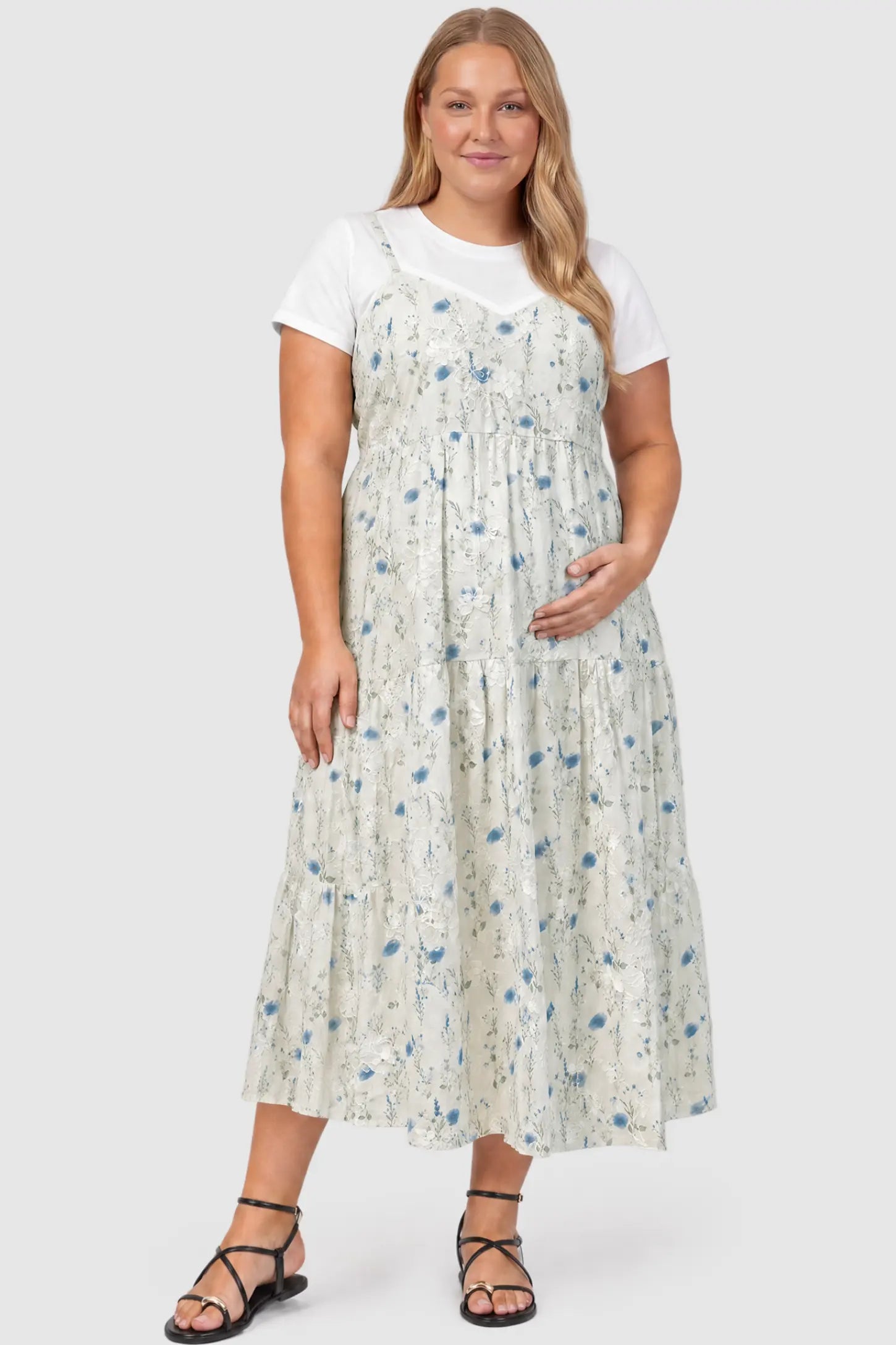 Floral Print Round Neck Layered Skirt Maternity Midi Dress Floral print round neck layered skirt maternity midi dress in blue with elegant layered floral design, front view on plus-size model