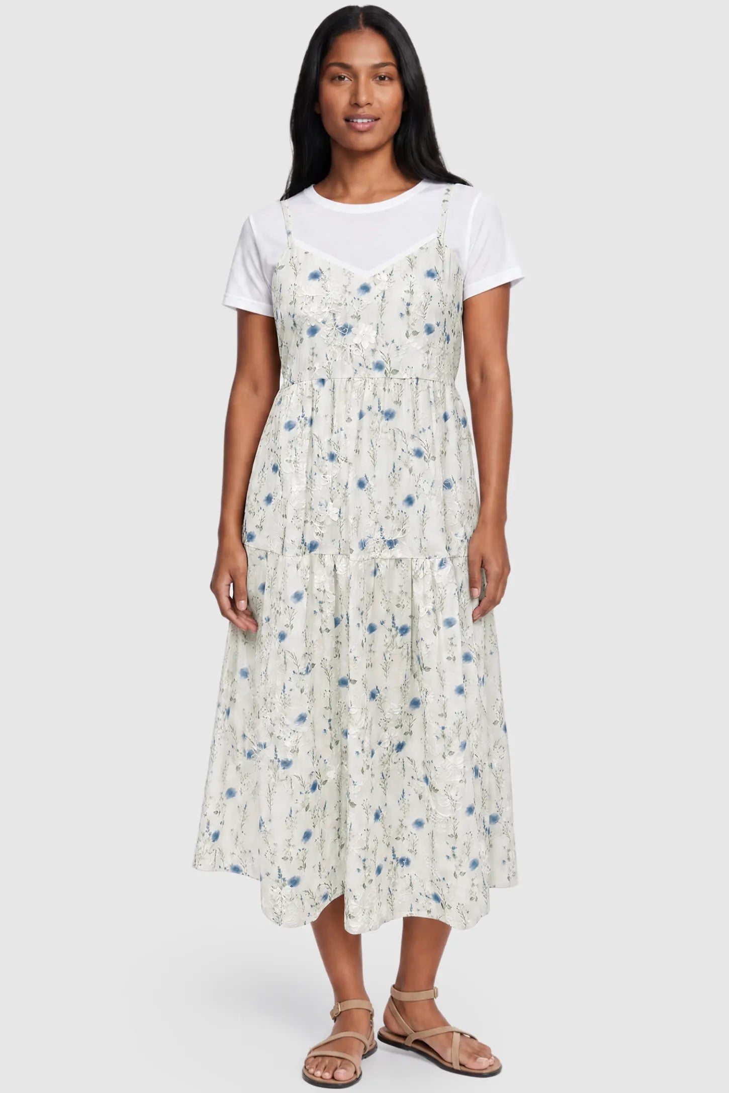 Floral Print Round Neck Layered Skirt Maternity Midi Dress Floral print round neck layered skirt maternity midi dress in blue with elegant layered floral design, front view on postpartum model