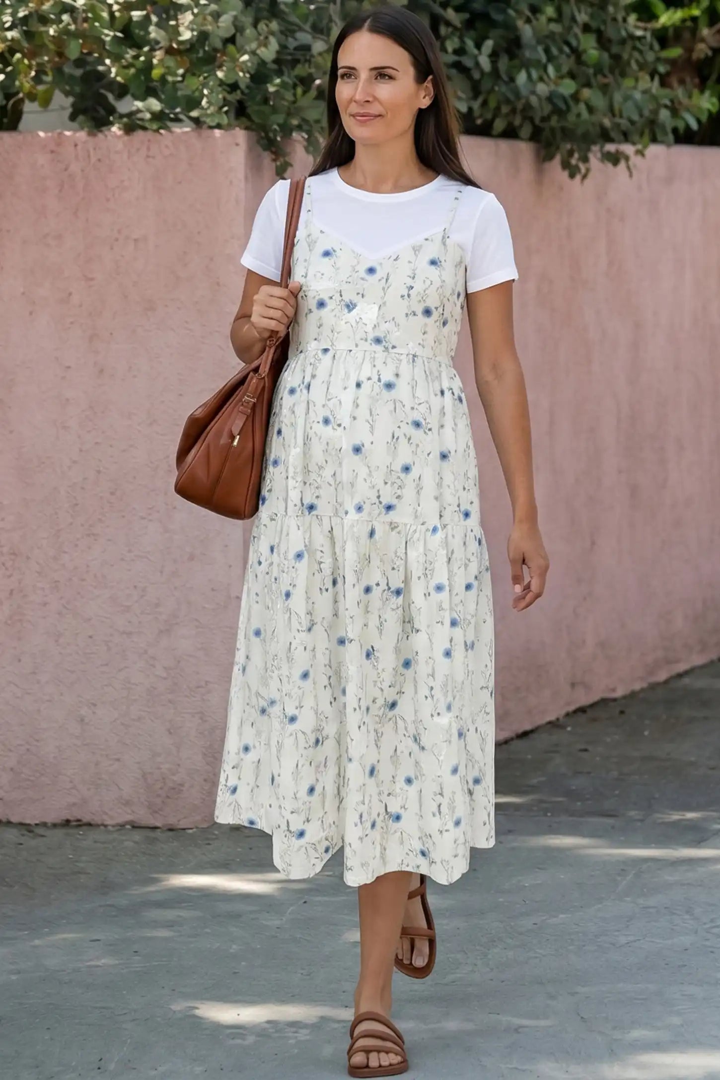 Floral Print Round Neck Layered Skirt Maternity Midi Dress Floral print round neck layered skirt maternity midi dress in blue with elegant layered floral design, UGC view
