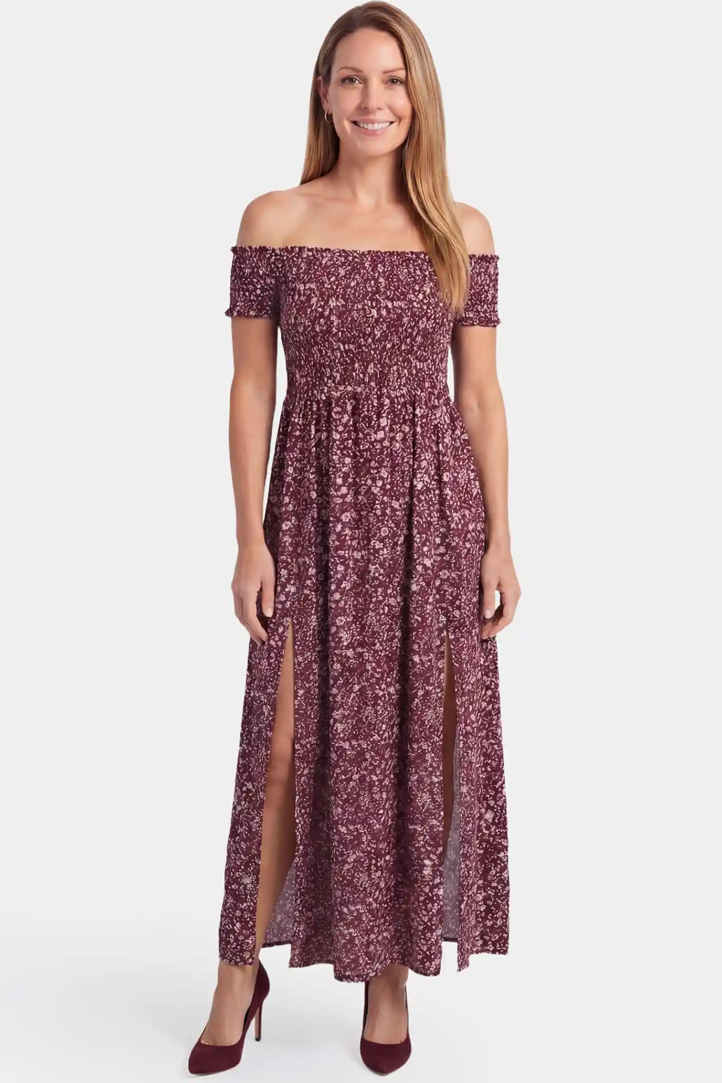 Floral Off-Shoulder Smocked Bodice Maxi Maternity Dress Floral off-shoulder smocked bodice maxi maternity dress in burgundy featuring relaxed summer fit in full body view on a postpartum model