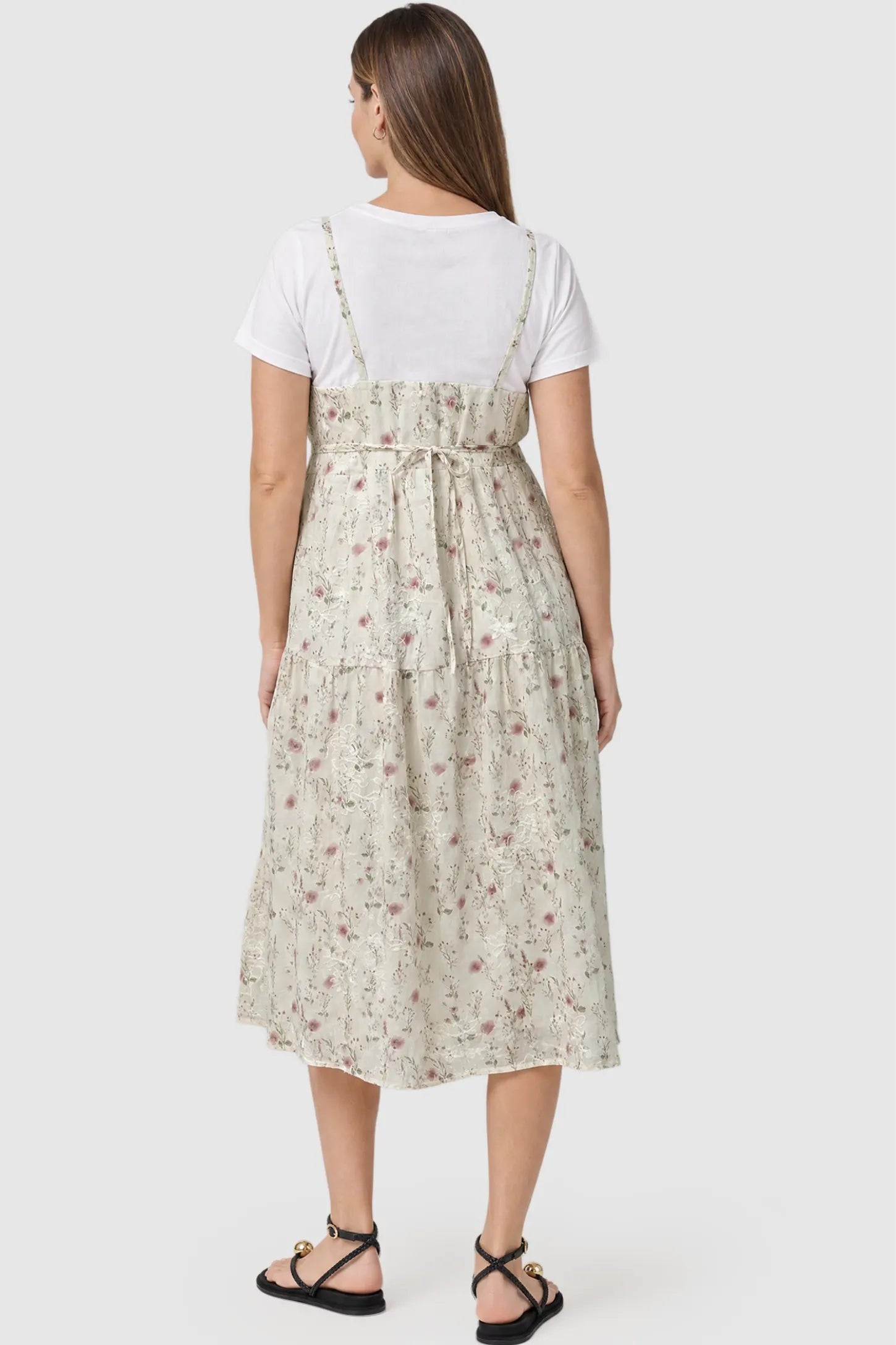 Floral Print Round Neck Layered Skirt Maternity Midi Dress Floral print round neck layered skirt maternity midi dress in pink with elegant layered floral design & drawstring waist, back view on pregnant model