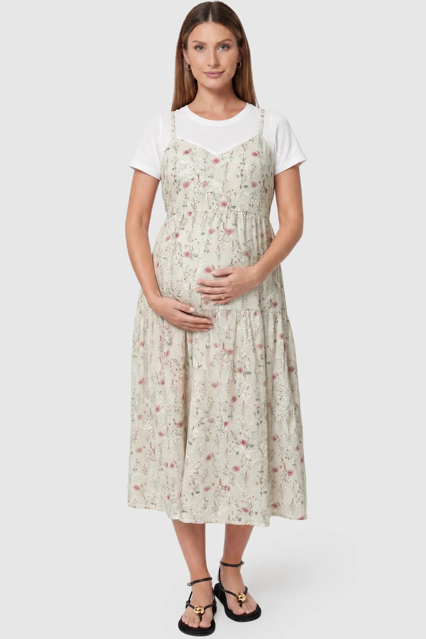 Floral Print Round Neck Layered Skirt Maternity Midi Dress Floral print round neck layered skirt maternity midi dress in pink with elegant layered floral design, front view on pregnant model