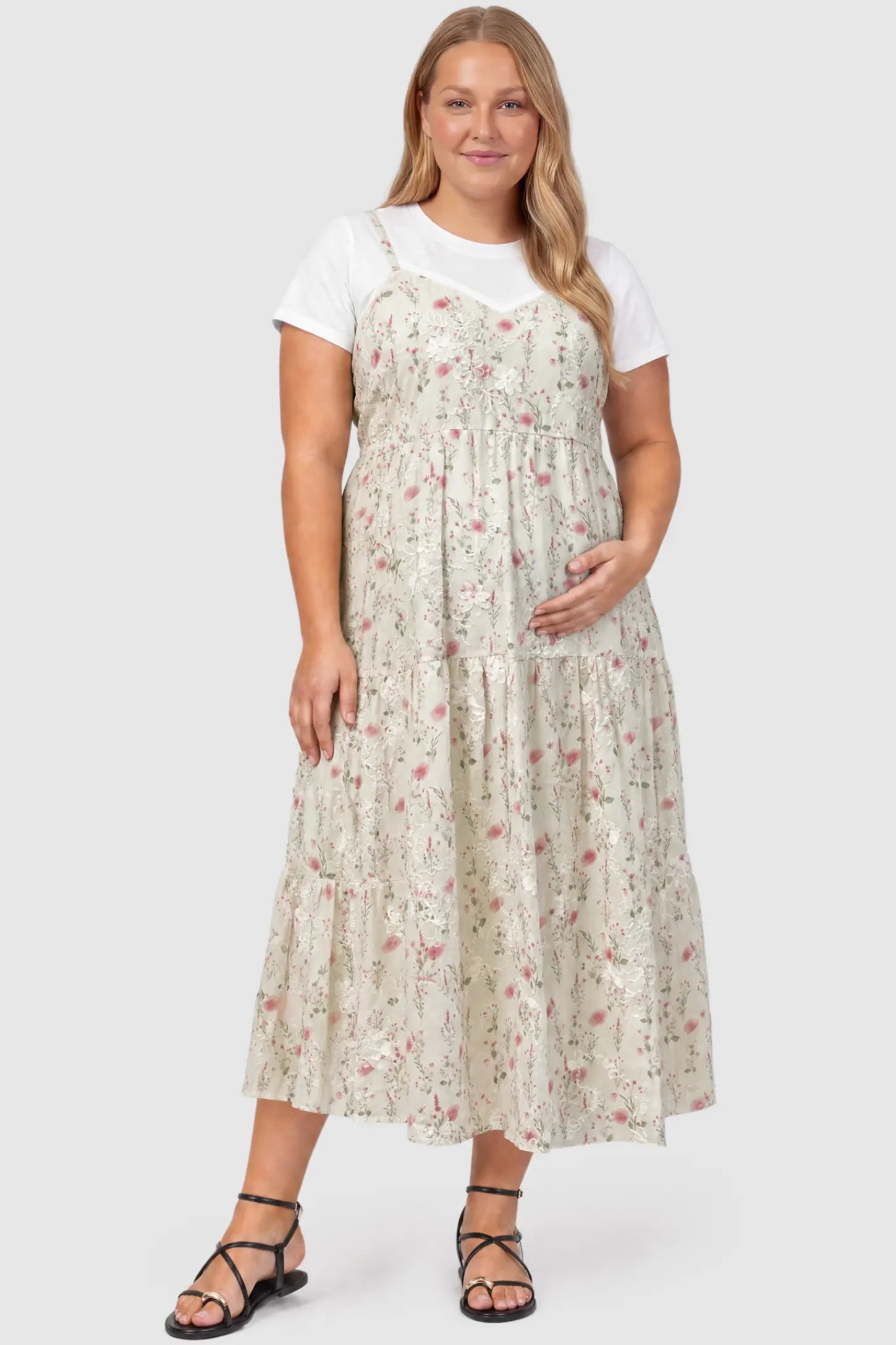 Floral Print Round Neck Layered Skirt Maternity Midi Dress Floral print round neck layered skirt maternity midi dress in pink with elegant layered floral design, front view on plus-size model