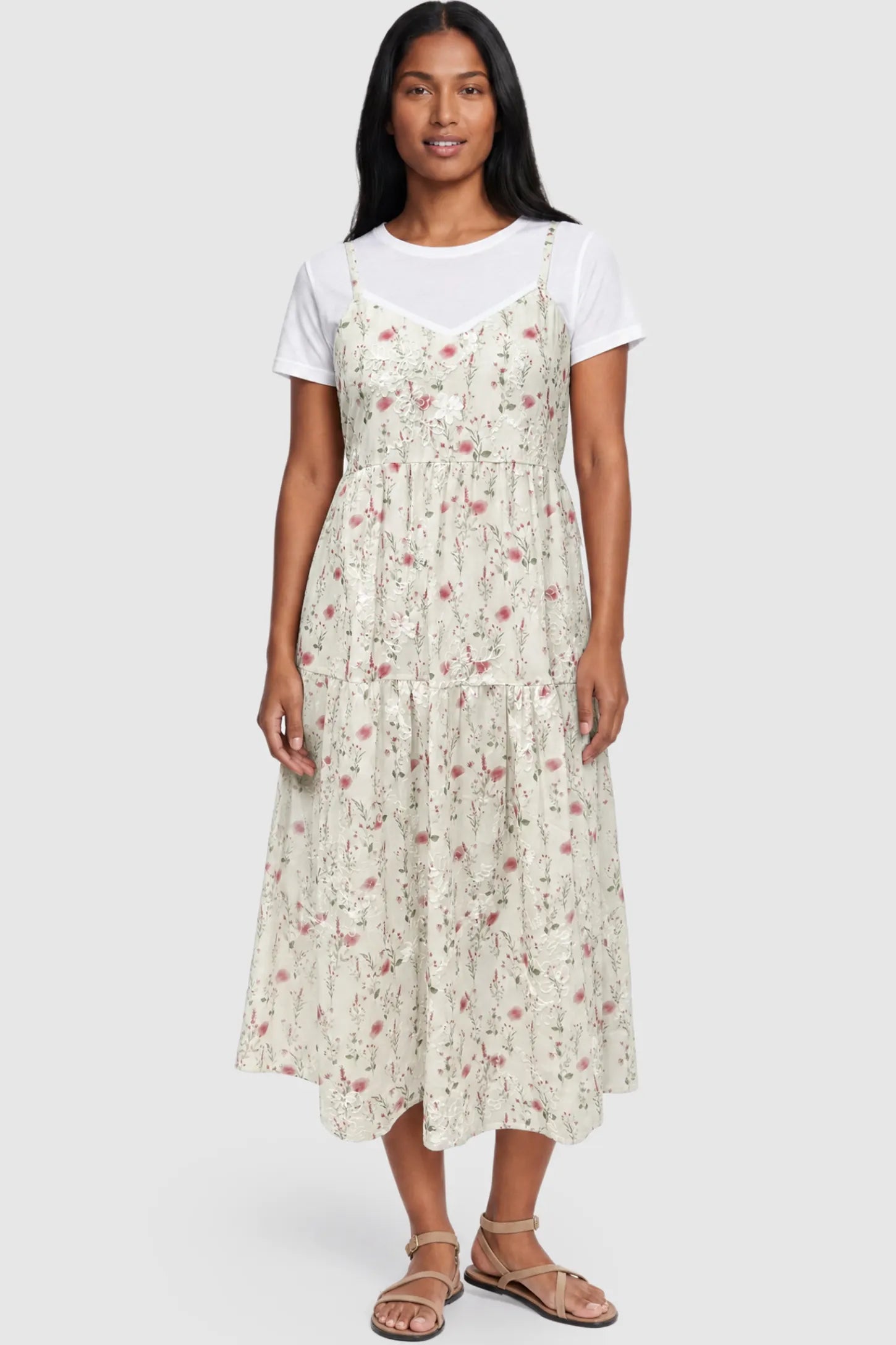 Floral Print Round Neck Layered Skirt Maternity Midi Dress Floral print round neck layered skirt maternity midi dress in pink with elegant layered floral design, front view on postpartum model