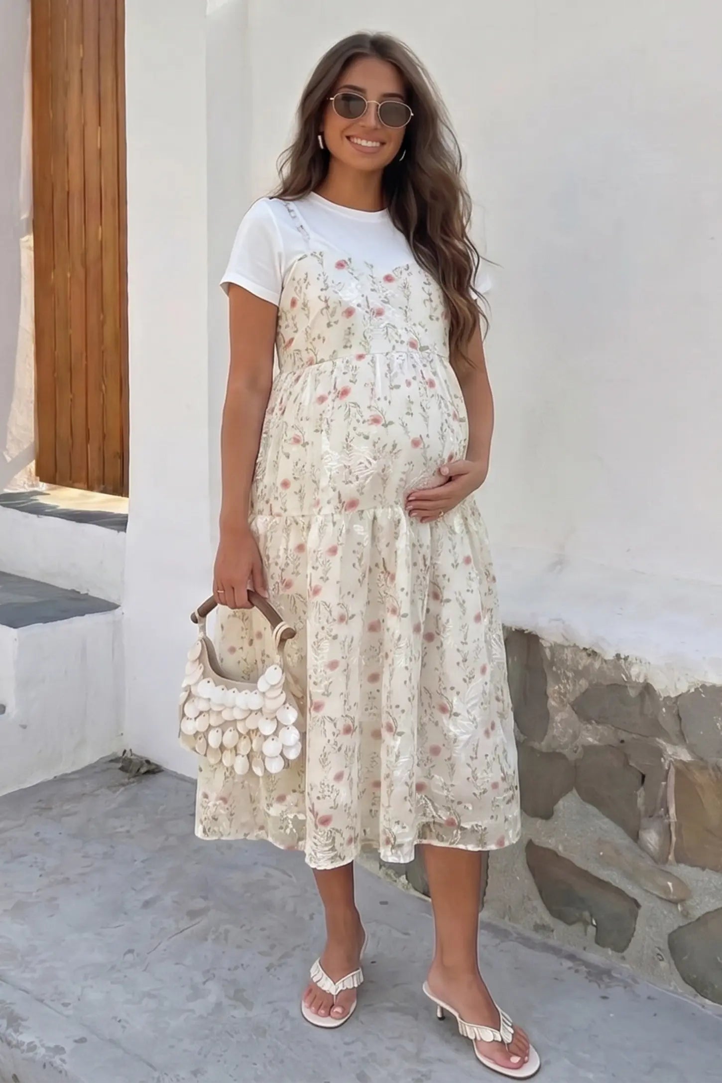 Floral Print Round Neck Layered Skirt Maternity Midi Dress Floral print round neck layered skirt maternity midi dress in pink with elegant layered floral design, UGC view